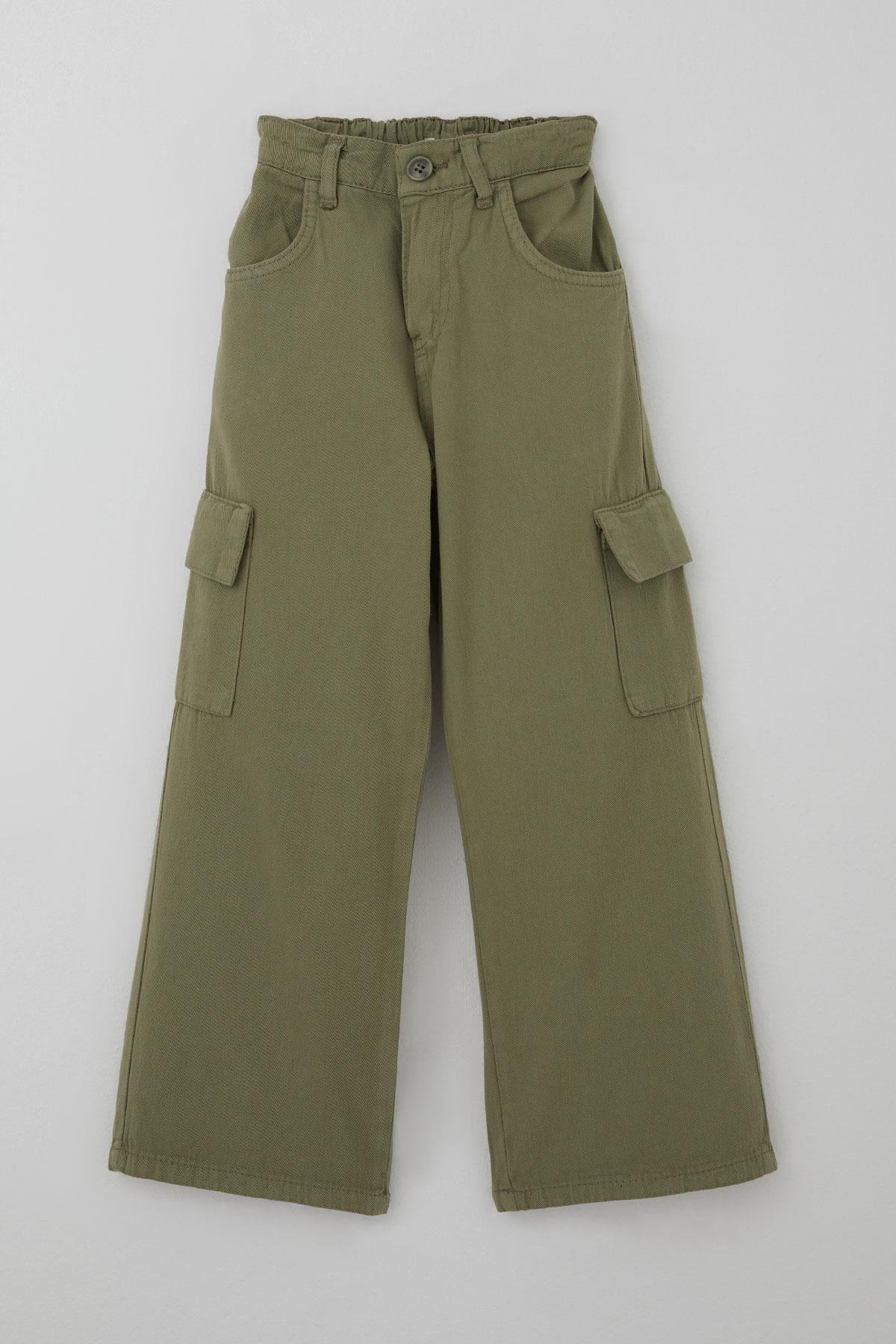 Breeze Kız Çocuk Gabardin Pantolon Kargo Cep Detaylı Haki Yeşil (5-12 Yaş)