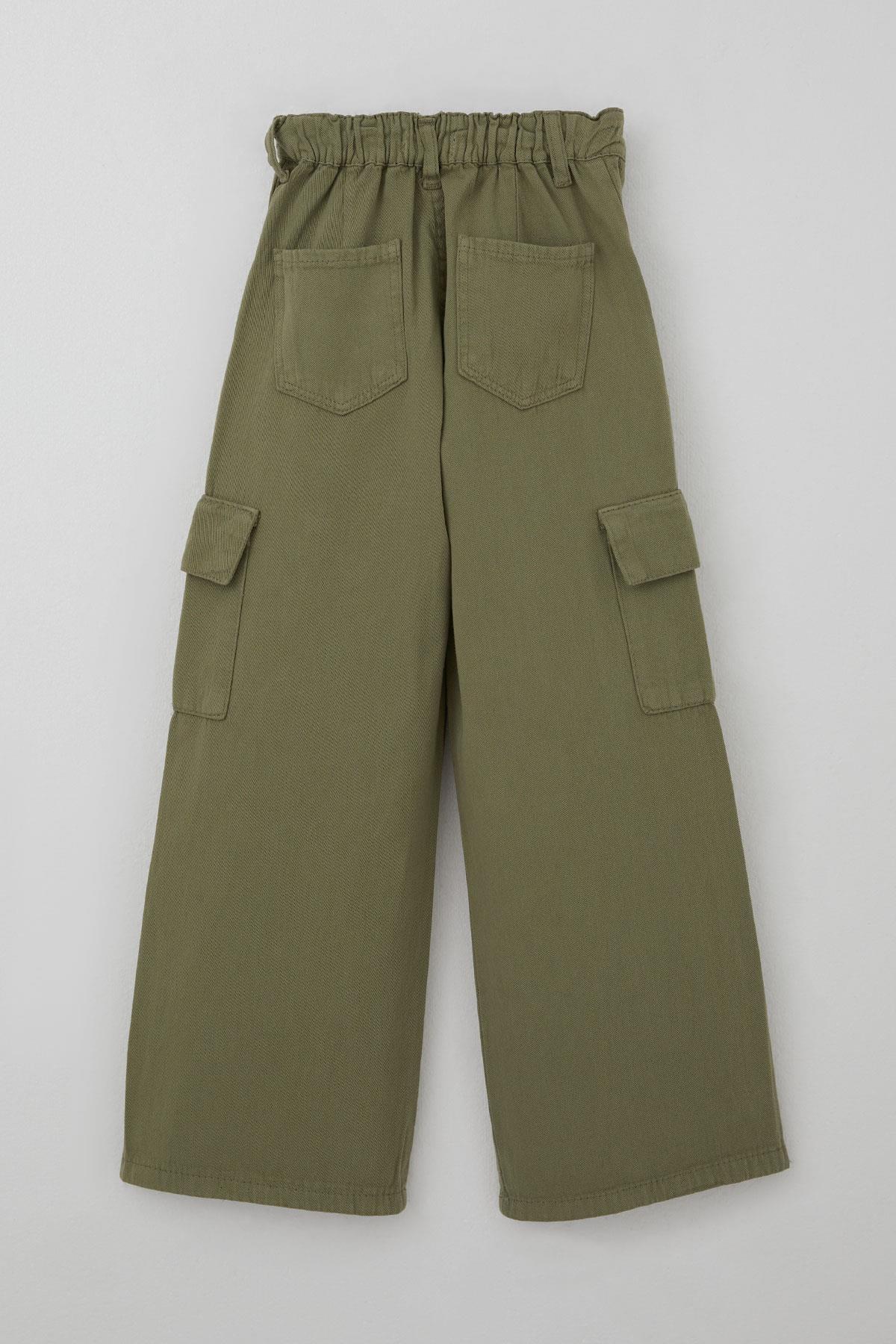 Breeze Kız Çocuk Gabardin Pantolon Kargo Cep Detaylı Haki Yeşil (5-12 Yaş)