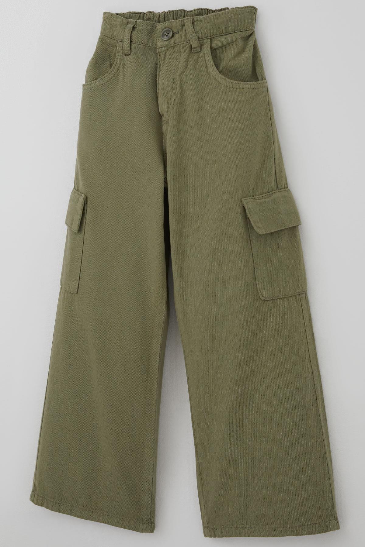 Breeze Kız Çocuk Gabardin Pantolon Kargo Cep Detaylı Haki Yeşil (5-12 Yaş)