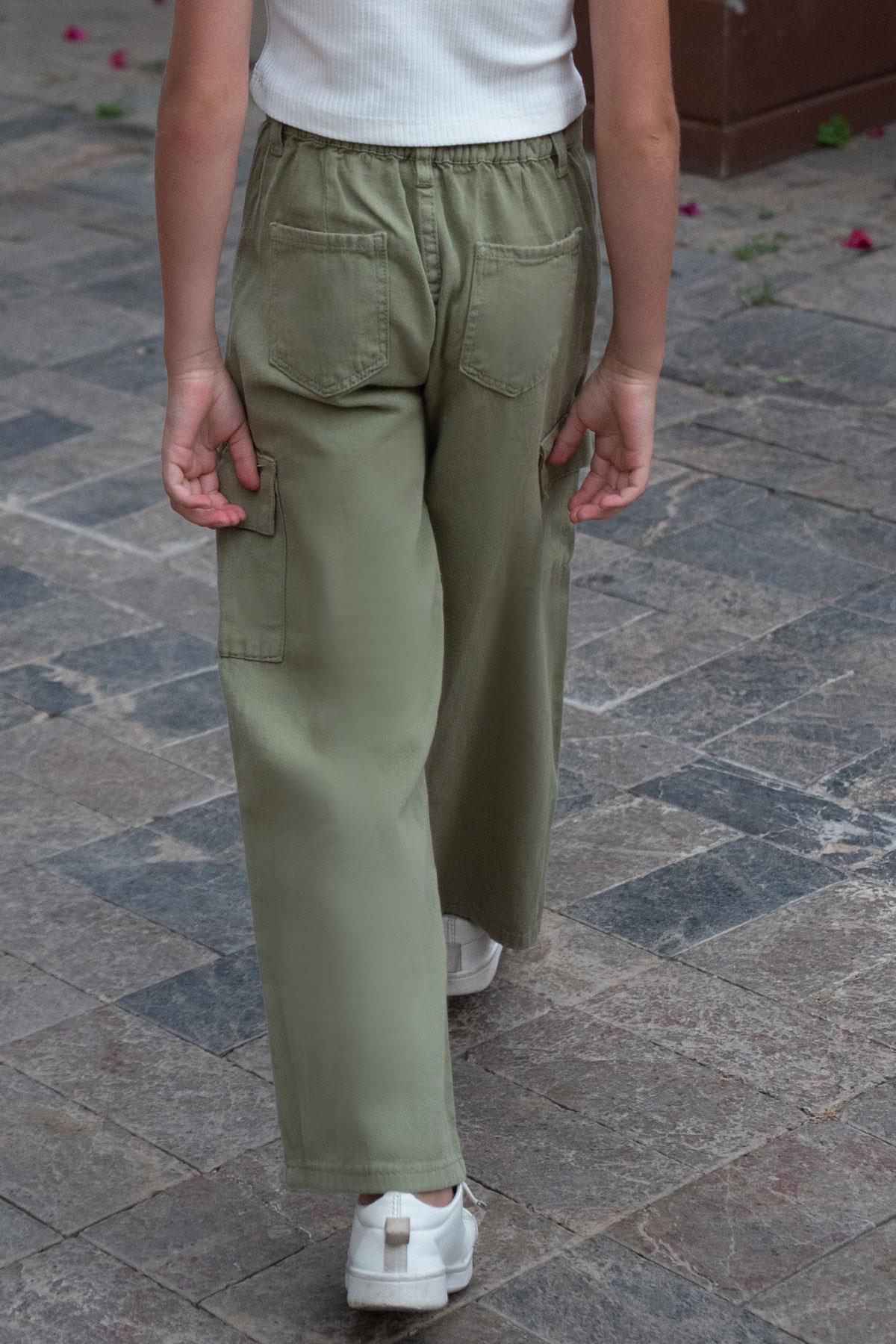 Breeze Kız Çocuk Gabardin Pantolon Kargo Cep Detaylı Haki Yeşil (5-12 Yaş)