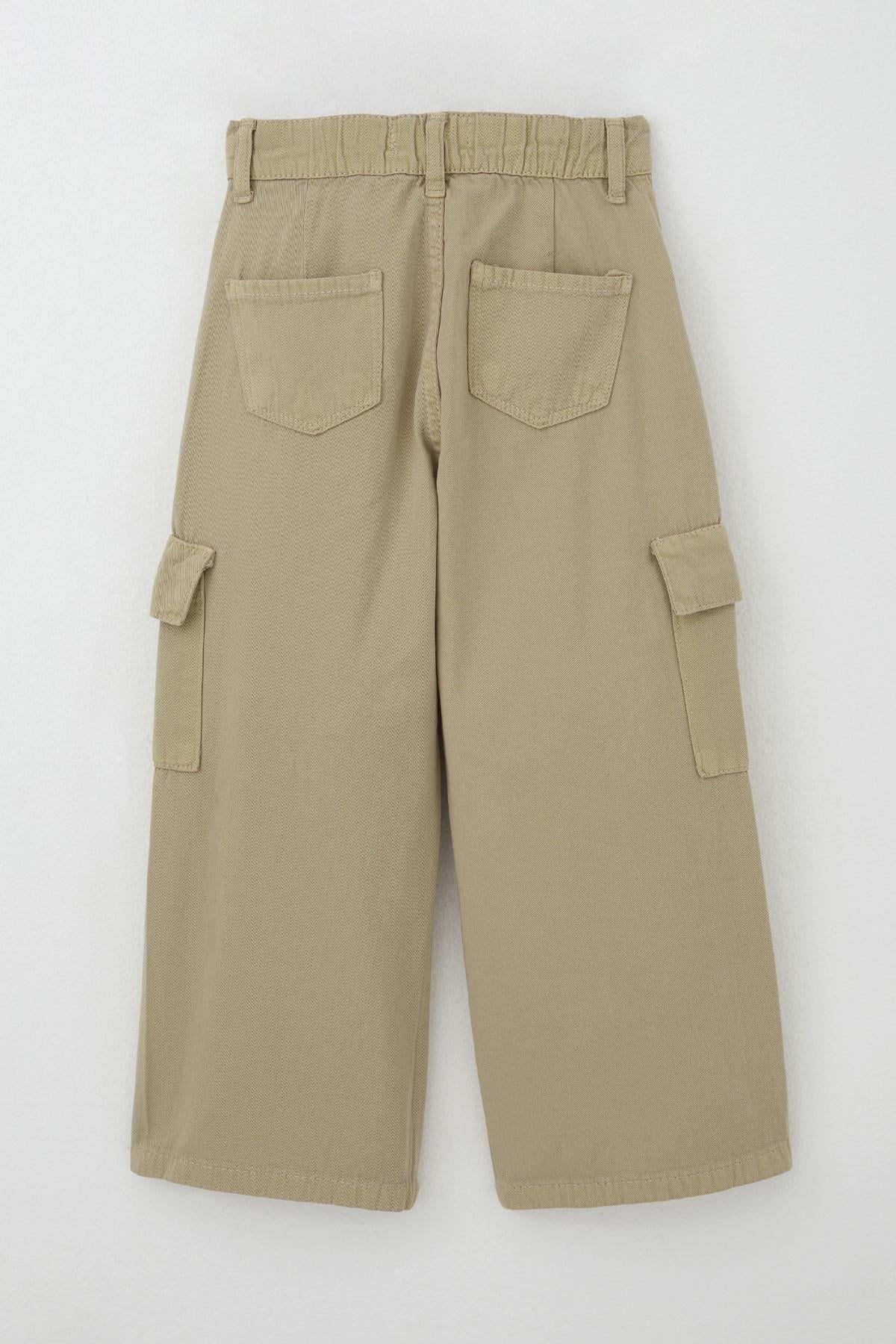 Breeze Kız Çocuk Gabardin Pantolon Kargo Cep Detaylı Haki Yeşil (6-11 Yaş)