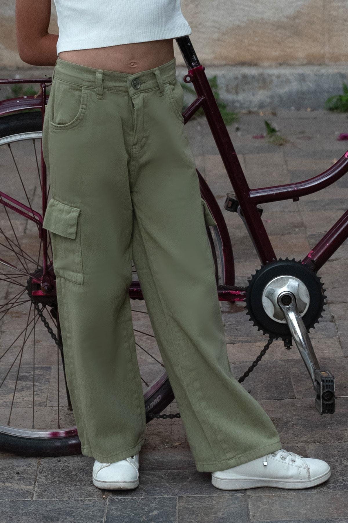 Breeze Kız Çocuk Gabardin Pantolon Kargo Cep Detaylı Haki Yeşil (5-12 Yaş)