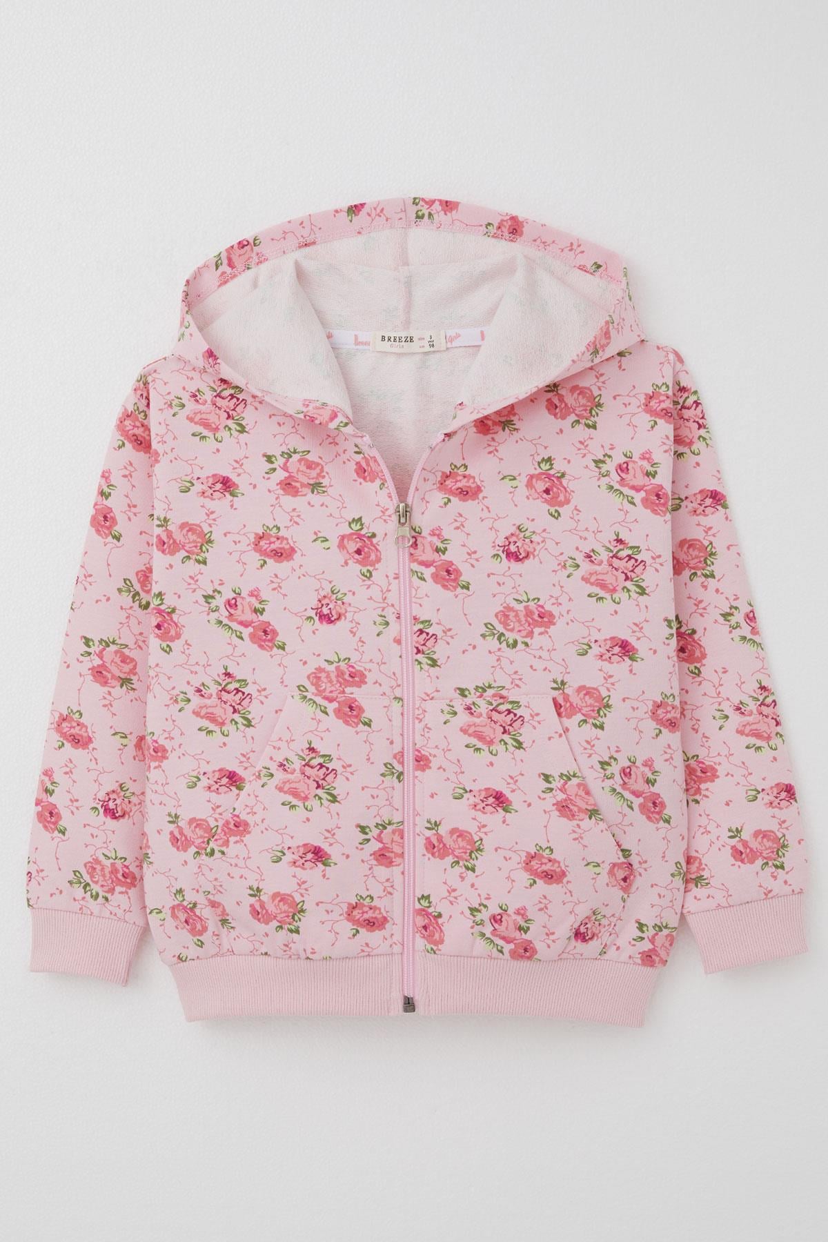 Breeze Kız Çocuk Hırka Çiçek Desenli Fermuarlı Kapüşonlu Pembe (1.5-5 Yaş)