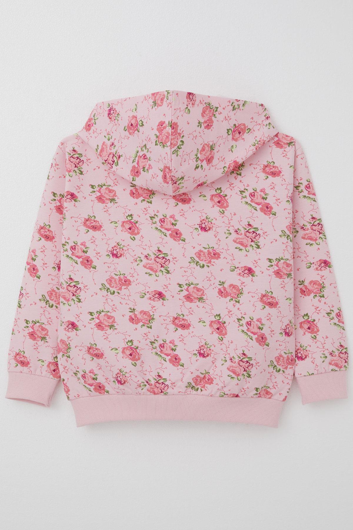 Breeze Kız Çocuk Hırka Çiçek Desenli Fermuarlı Kapüşonlu Pembe (1.5-5 Yaş)