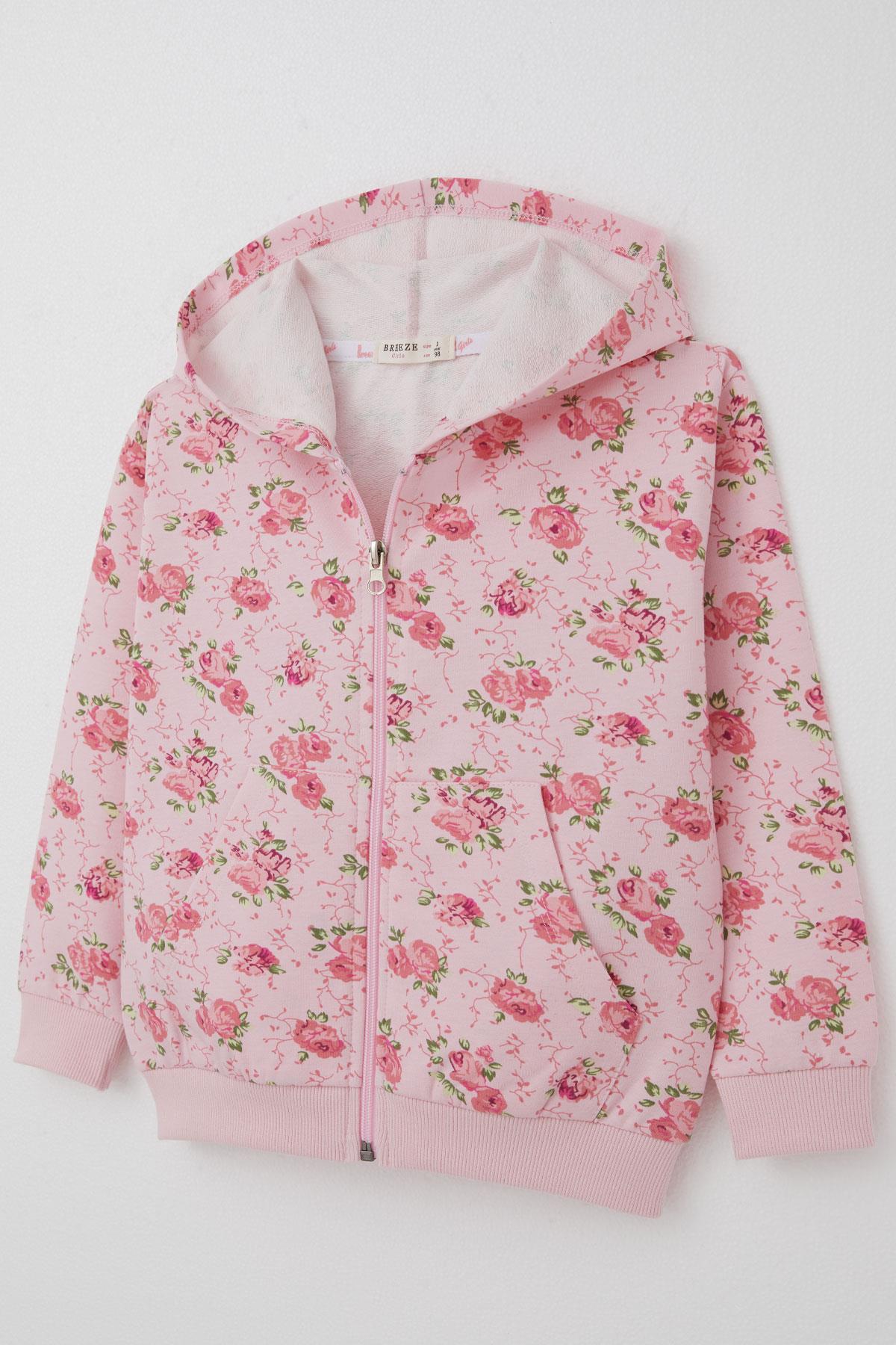 Breeze Kız Çocuk Hırka Çiçek Desenli Fermuarlı Kapüşonlu Pembe (1.5-5 Yaş)