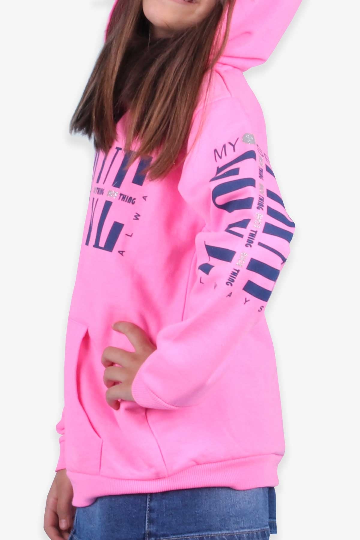 Breeze Kız Çocuk Hırka Kapüşonlu Baskılı Neon Pembe (8-12 Yaş)