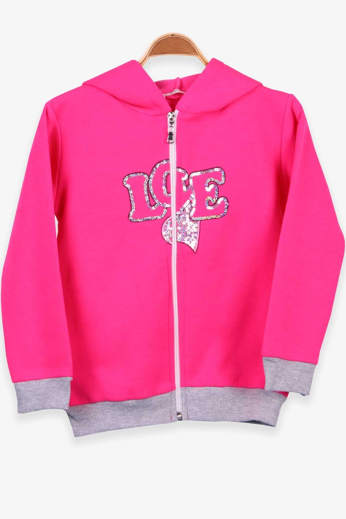 Breeze Kız Çocuk Hırka Kapüşonlu Pullu Neon Pembe (5-9 Yaş)
