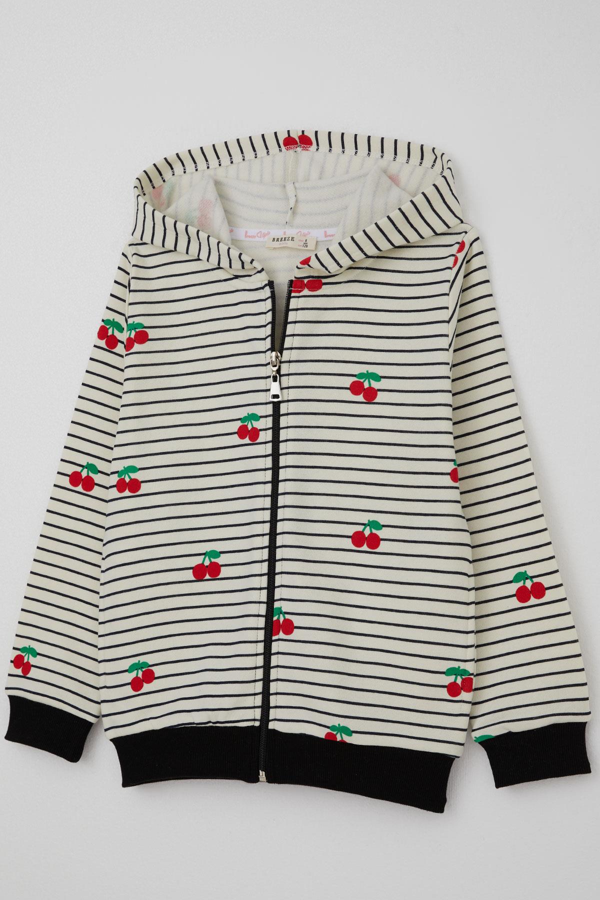 Breeze Kız Çocuk Hırka Kiraz Desenli Kapüşonlu Fermuarlı Ekru (4-8 Yaş)