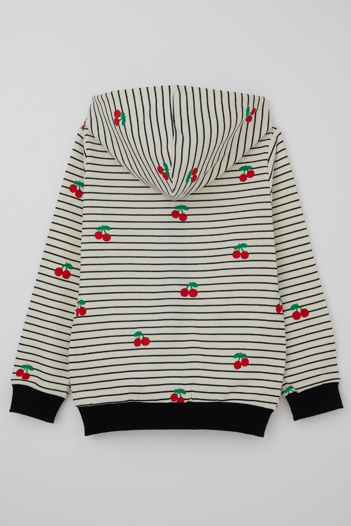 Breeze Kız Çocuk Hırka Kiraz Desenli Kapüşonlu Fermuarlı Ekru (4-8 Yaş)