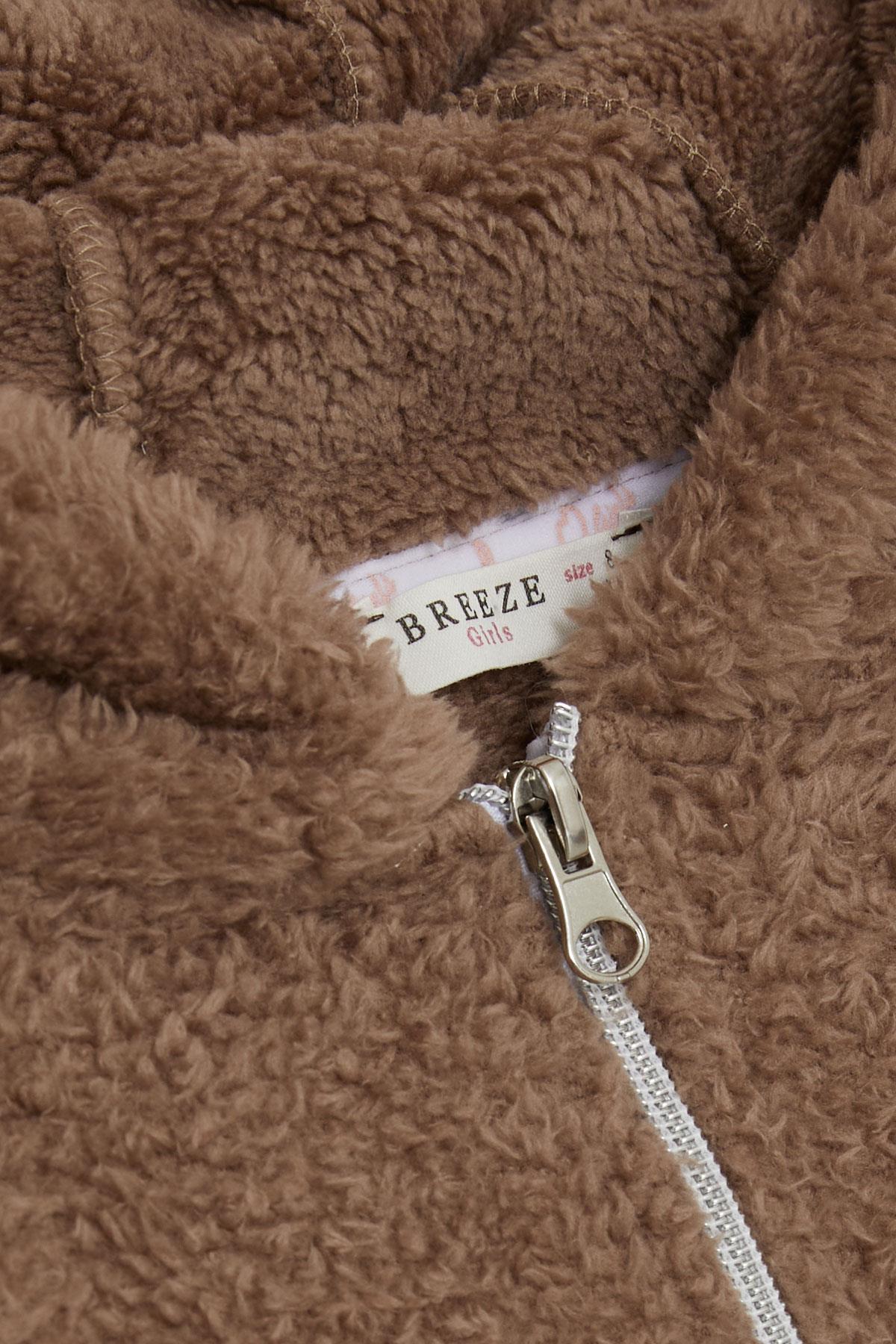 Breeze Kız Çocuk Hırka Peluş Kapüşonlu Fermuarlı Cepli Kahverengi (8-14 Yaş)