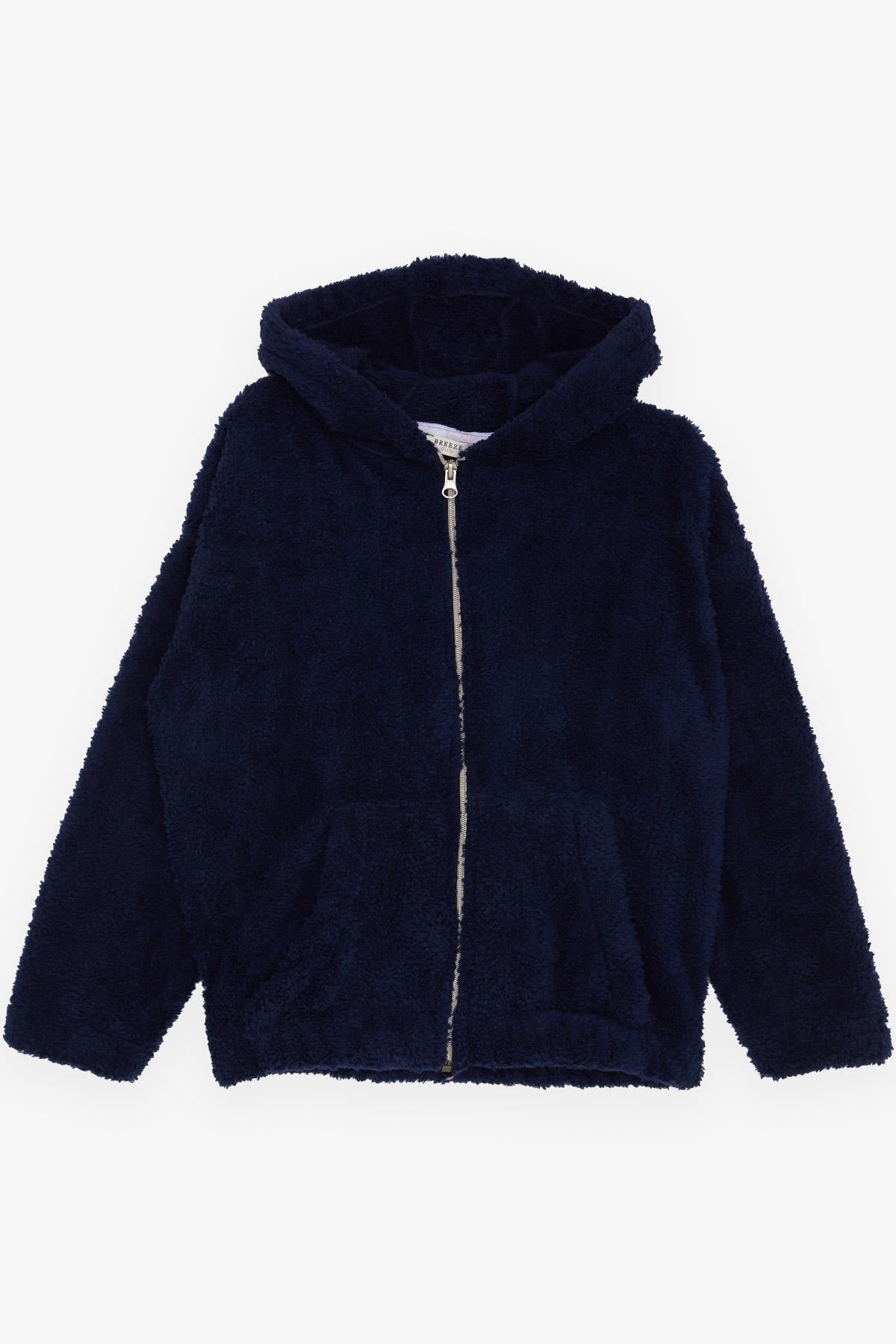 Breeze Kız Çocuk Hırka Peluş Kapüşonlu Fermuarlı Cepli Lacivert (8-14 Yaş)
