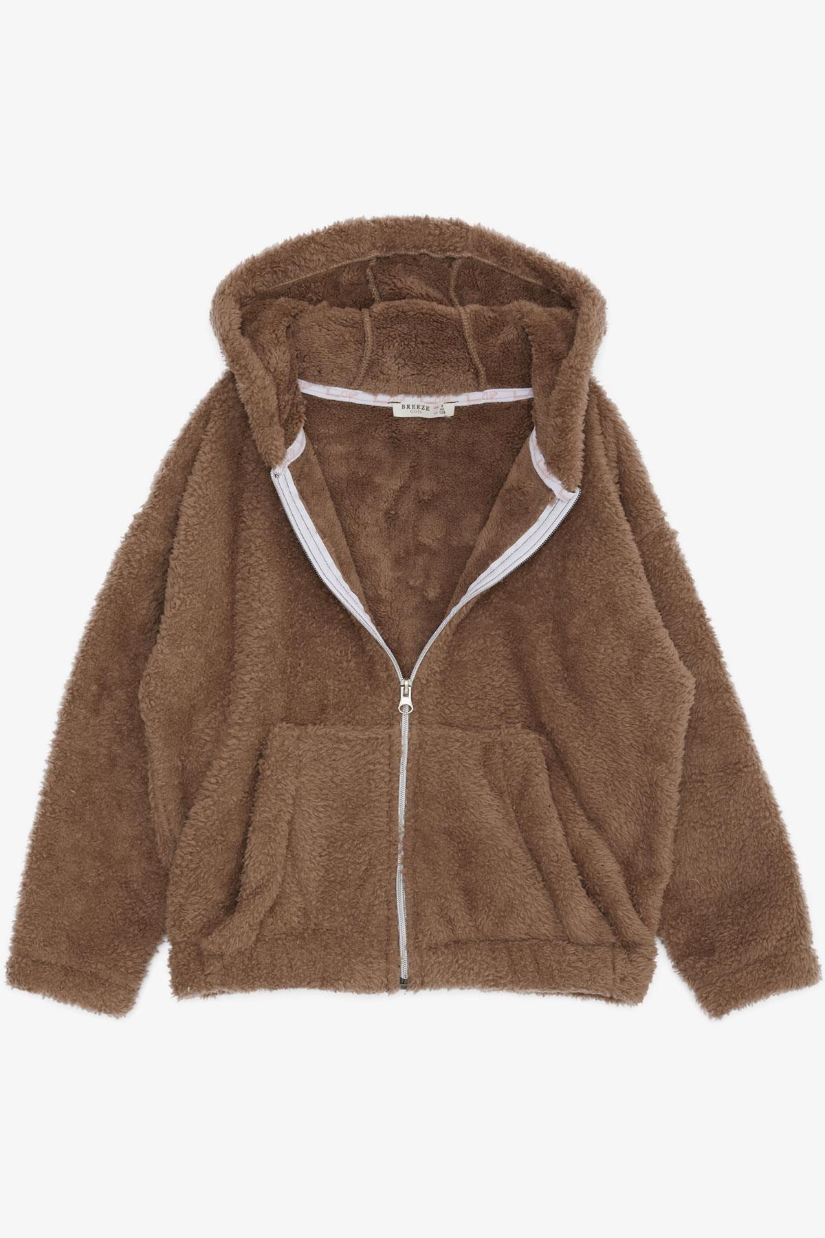 Breeze Kız Çocuk Hırka Peluş Kapüşonlu Fermuarlı Cepli Kahverengi (8-14 Yaş)