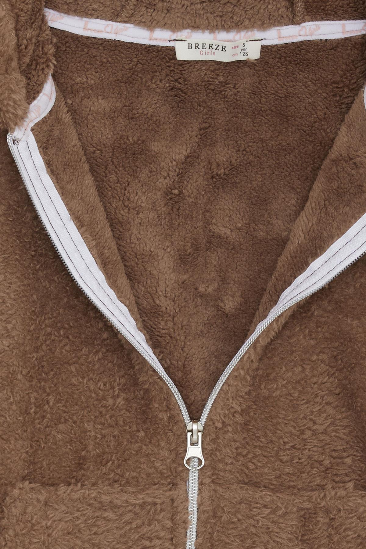 Breeze Kız Çocuk Hırka Peluş Kapüşonlu Fermuarlı Cepli Kahverengi (8-14 Yaş)