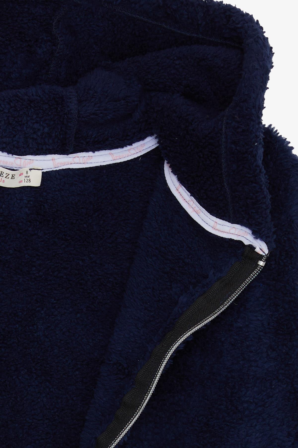 Breeze Kız Çocuk Hırka Peluş Kapüşonlu Fermuarlı Cepli Lacivert (8-14 Yaş)