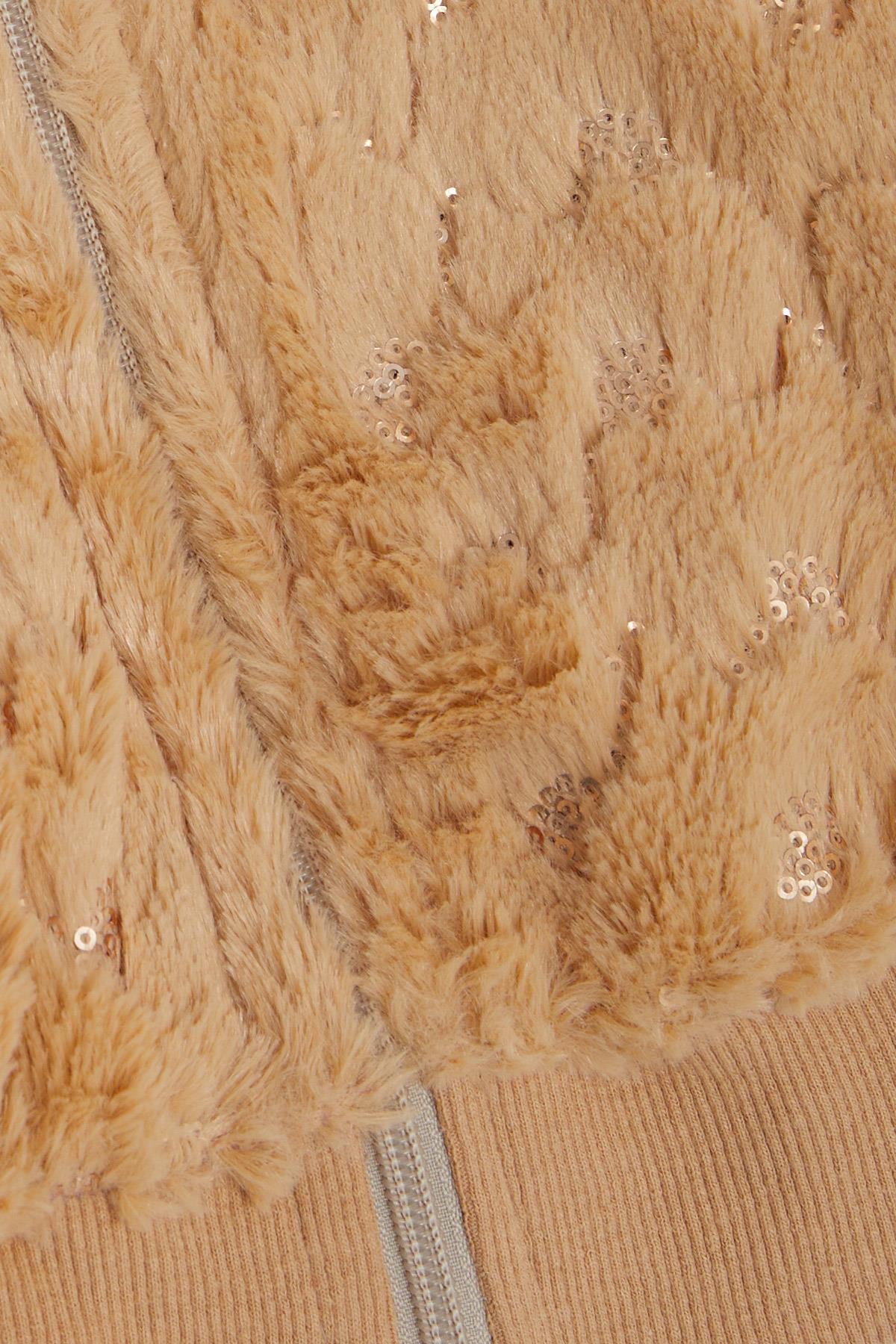Breeze Kız Çocuk Hırka Peluş Pul İşlemeli Cepli Bej (3-8 Yaş)