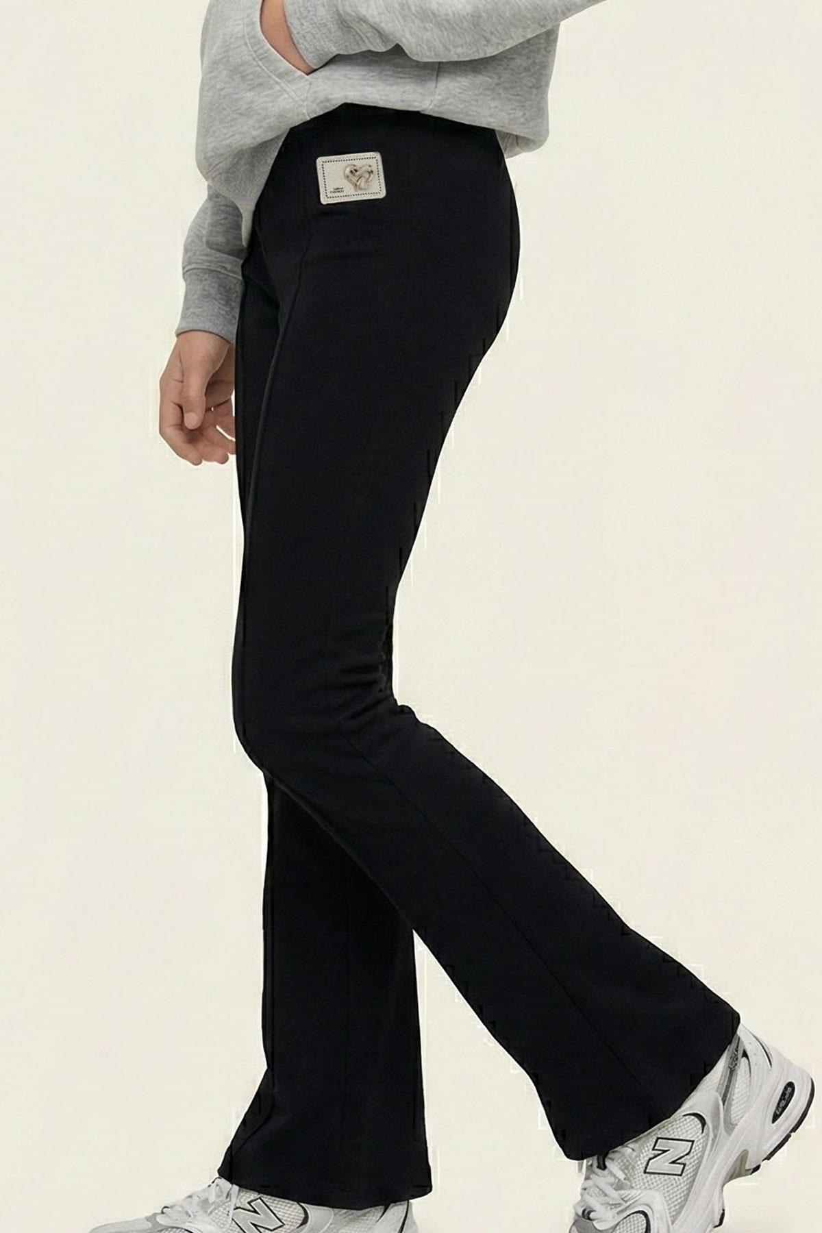 Breeze Kız Çocuk İspanyol Paça Tayt Dekoratif Metal Kalp Armalı Çima Dikişli Siyah (8-14 Yaş)