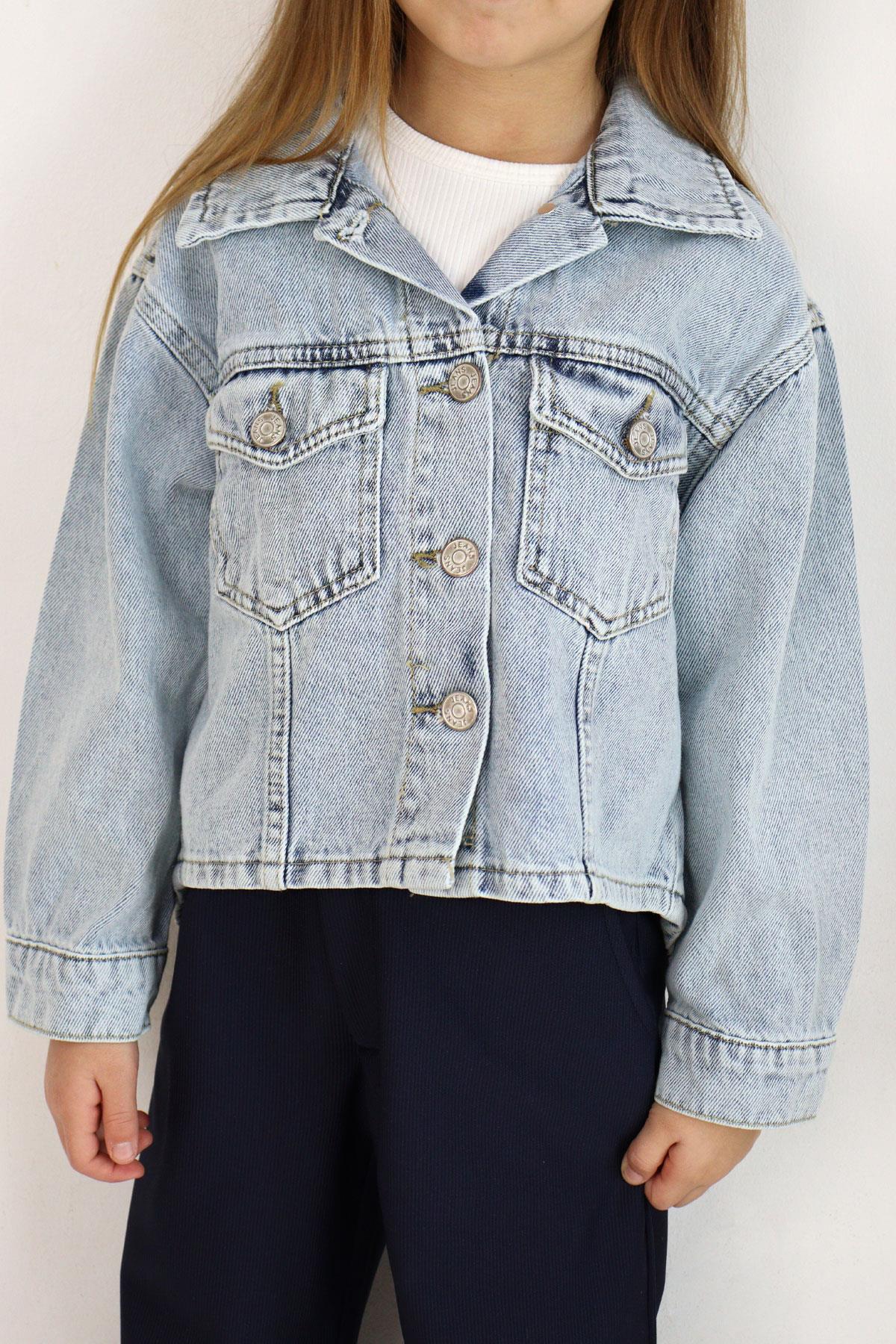 Breeze Kız Çocuk Jean Ceket Düğmeli Cepli Açık Mavi (5-9 Yaş)