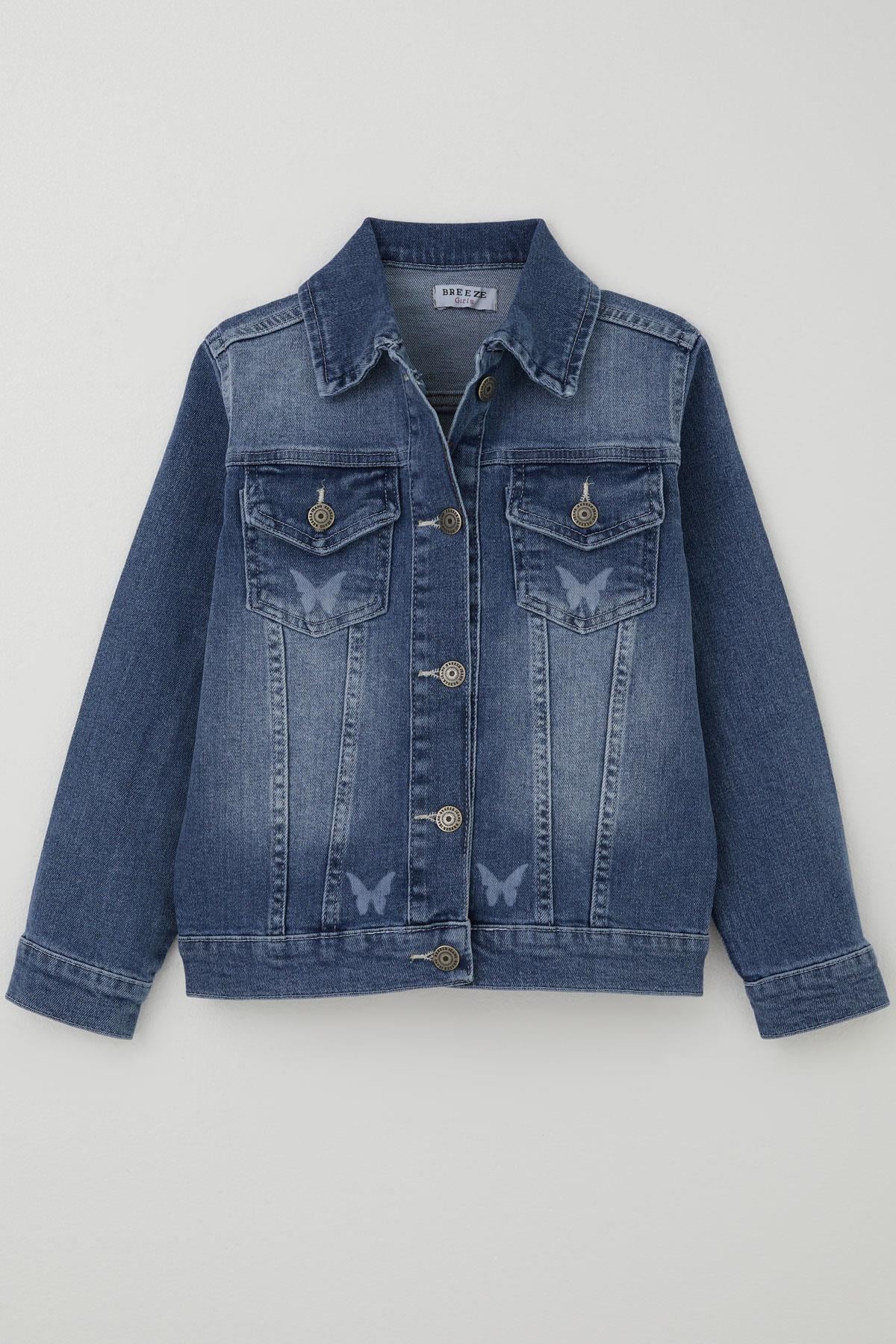 Breeze Kız Çocuk Jean Ceket Kelebek Baskı Detaylı Cepli Mavi (6-10 Yaş)