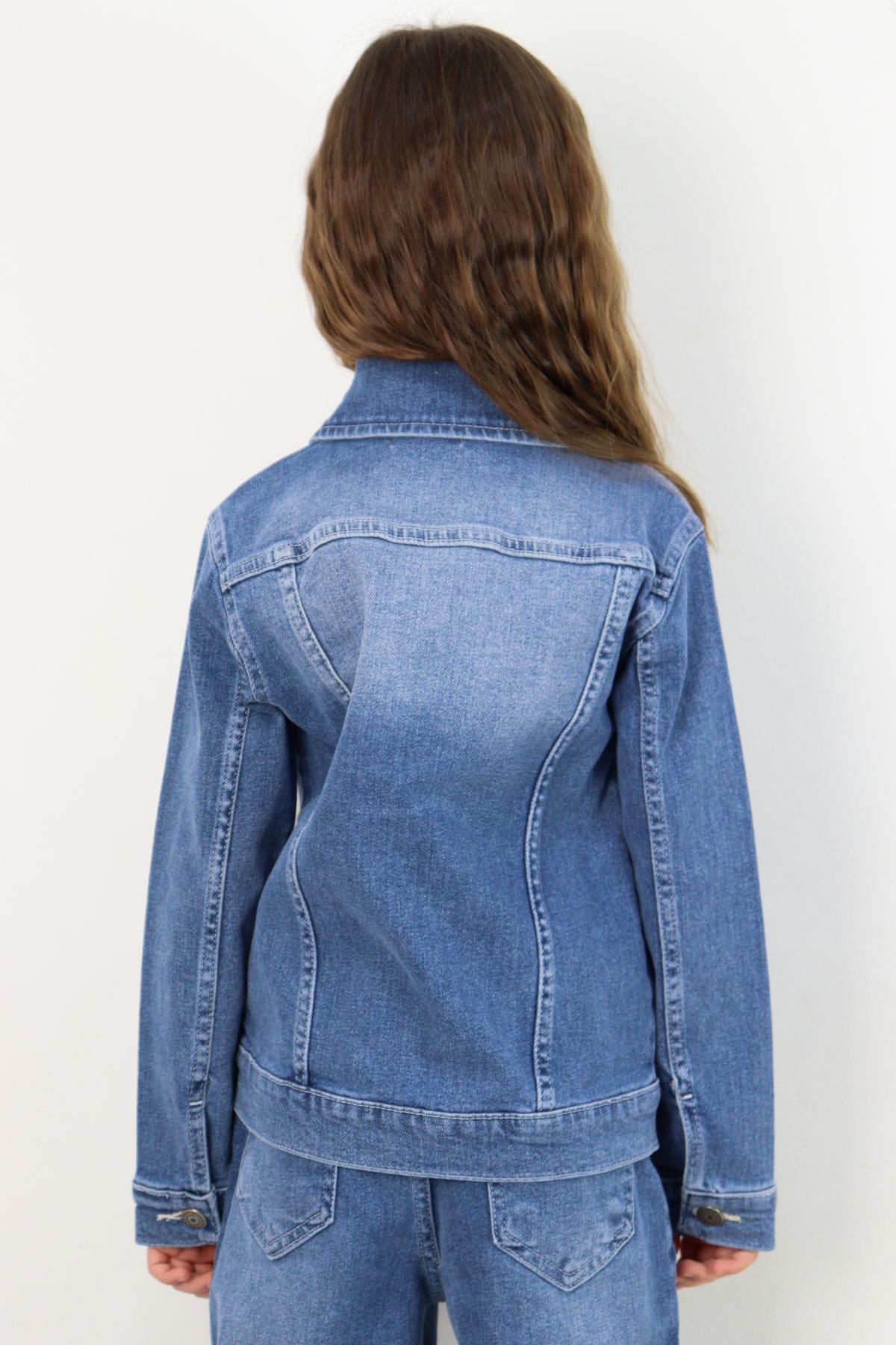 Breeze Kız Çocuk Jean Ceket Kelebek Baskı Detaylı Cepli Mavi (6-10 Yaş)