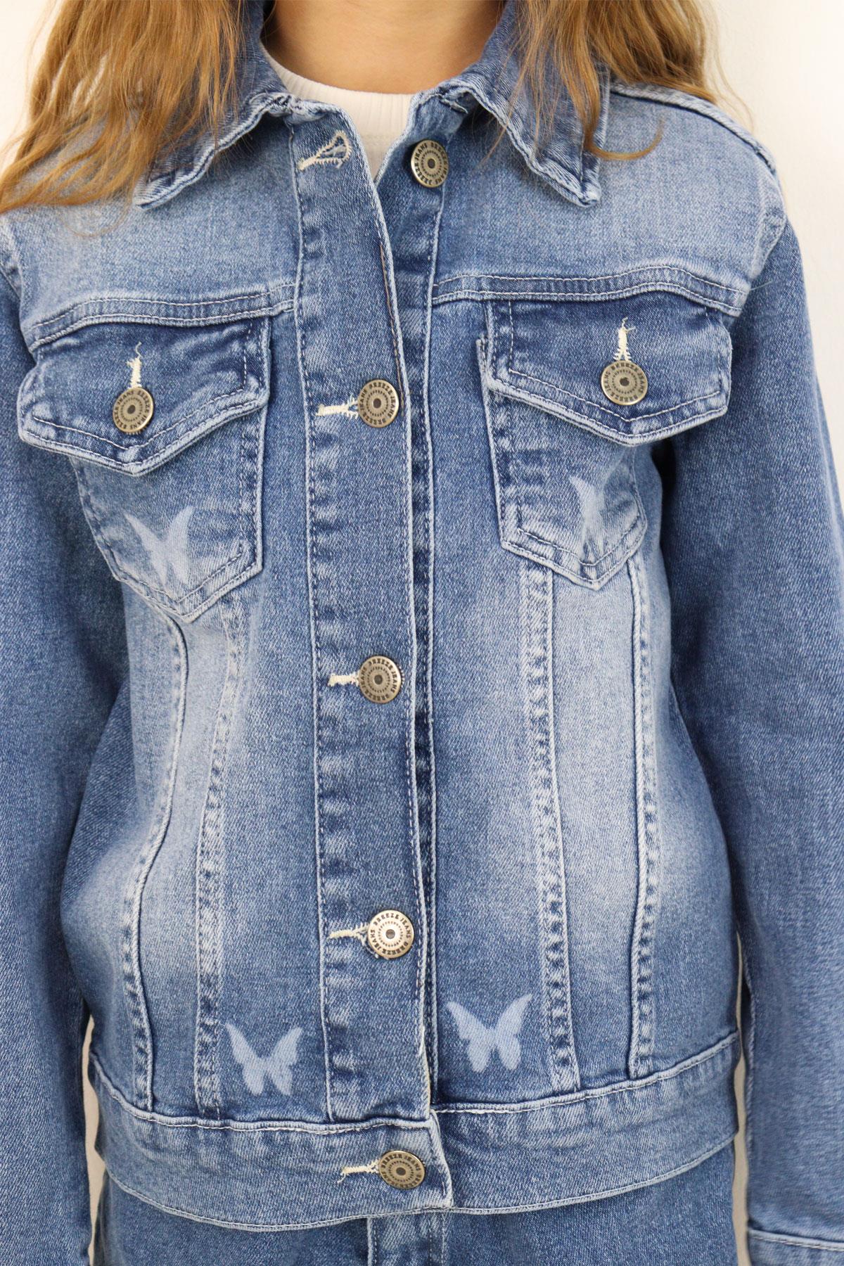 Breeze Kız Çocuk Jean Ceket Kelebek Baskı Detaylı Cepli Mavi (6-10 Yaş)