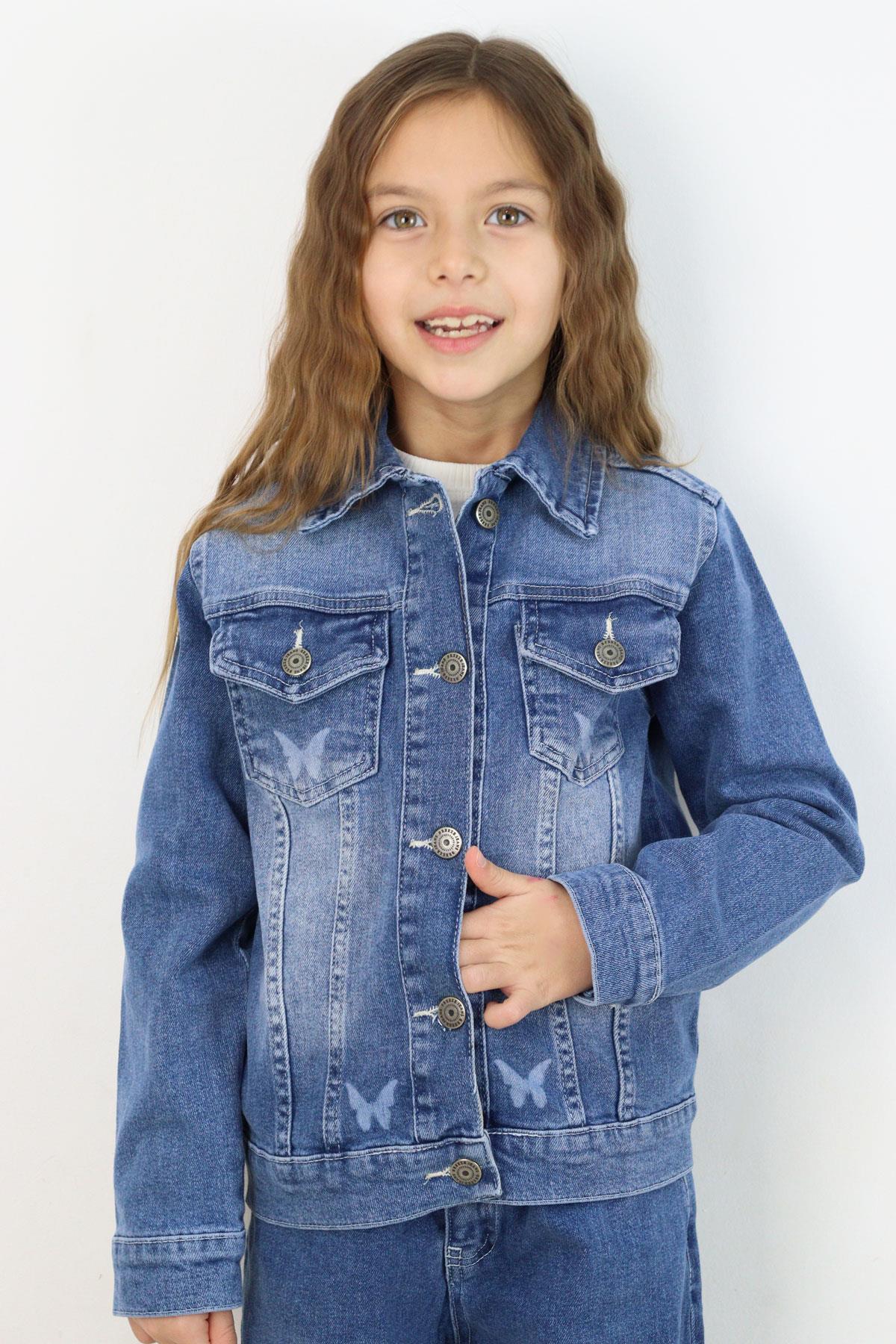 Breeze Kız Çocuk Jean Ceket Kelebek Baskı Detaylı Cepli Mavi (6-10 Yaş)