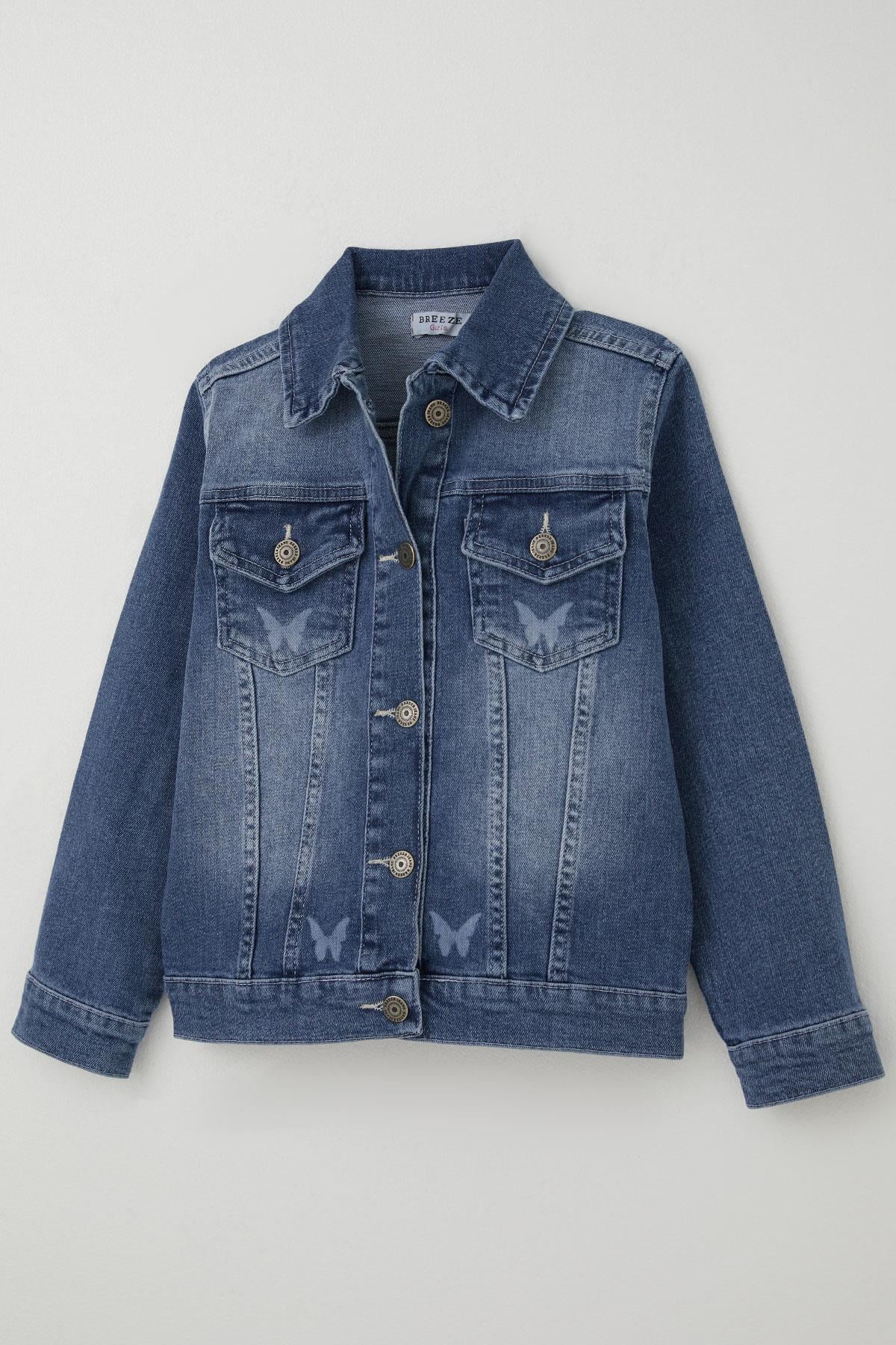 Breeze Kız Çocuk Jean Ceket Kelebek Baskı Detaylı Cepli Mavi (6-10 Yaş)