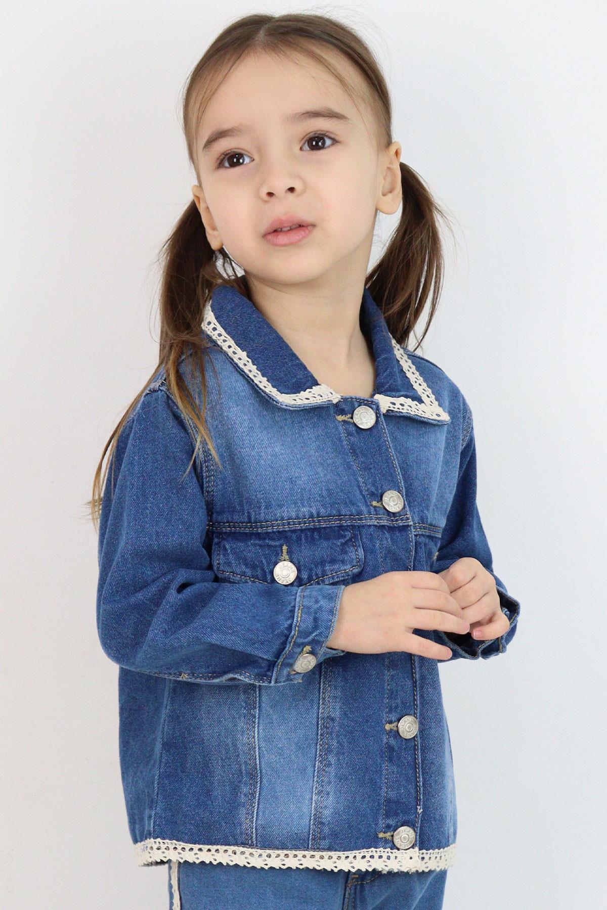 Breeze Kız Çocuk Jean Ceket Yaka & Alt Kısmı Güpür Cep Kapak Detaylı Mavi (3-7 Yaş)