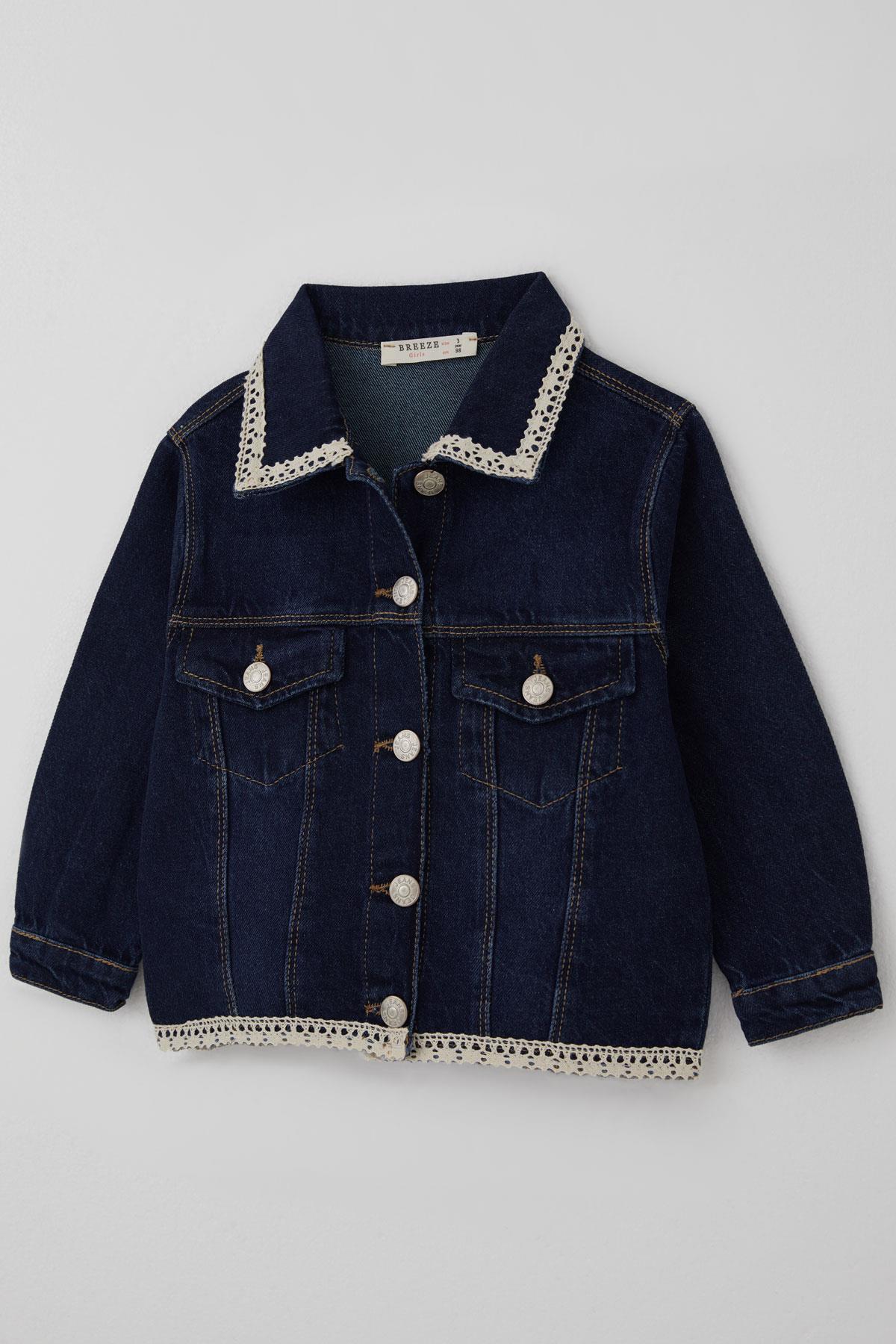 Breeze Kız Çocuk Jean Ceket Yaka & Alt Kısmı Güpür Cep Kapak Detaylı Koyu Mavi (3-7 Yaş)