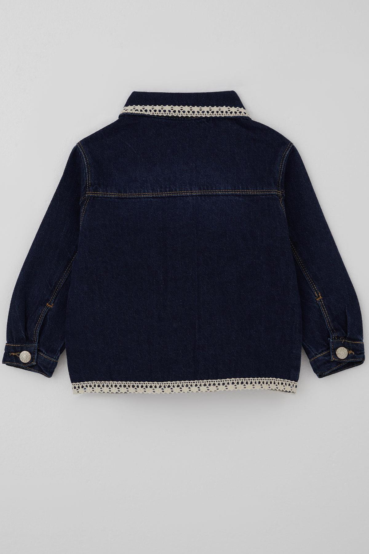 Breeze Kız Çocuk Jean Ceket Yaka & Alt Kısmı Güpür Cep Kapak Detaylı Koyu Mavi (3-7 Yaş)