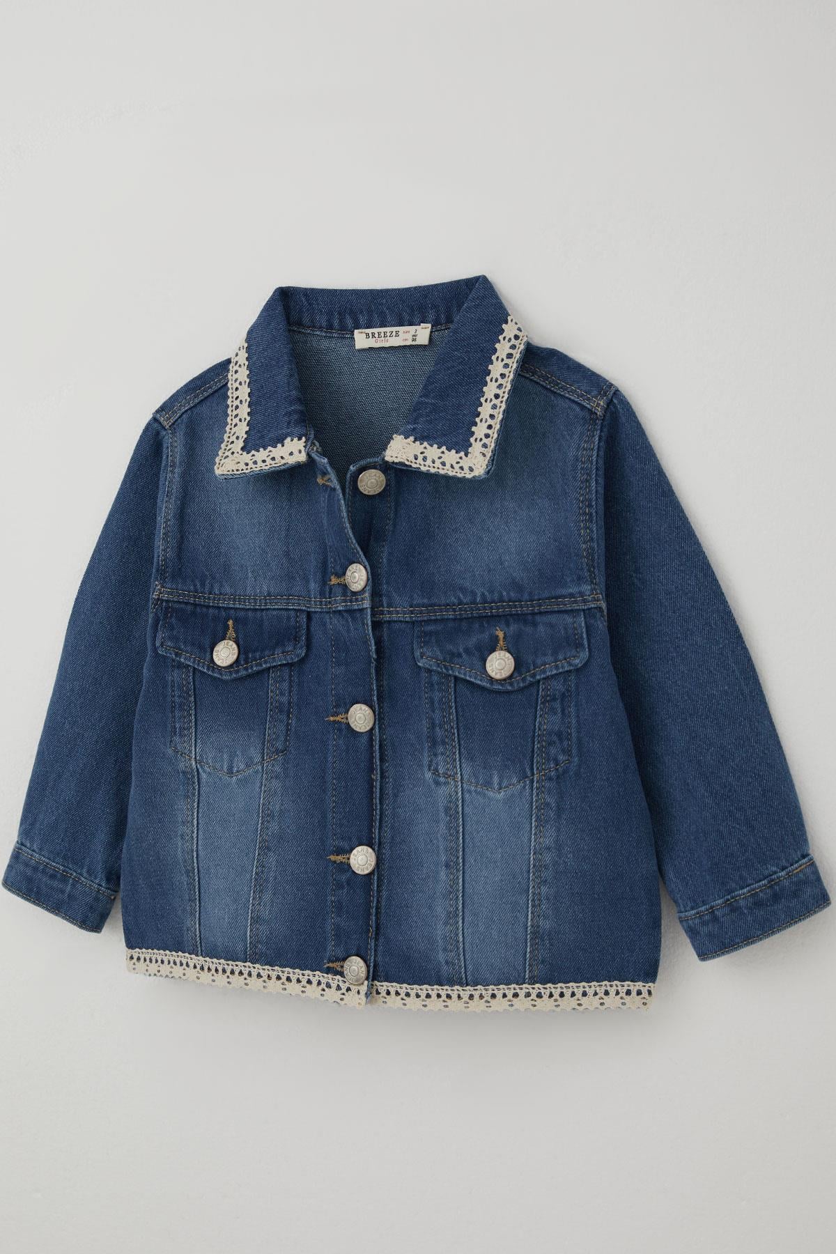 Breeze Kız Çocuk Jean Ceket Yaka & Alt Kısmı Güpür Cep Kapak Detaylı Mavi (3-7 Yaş)