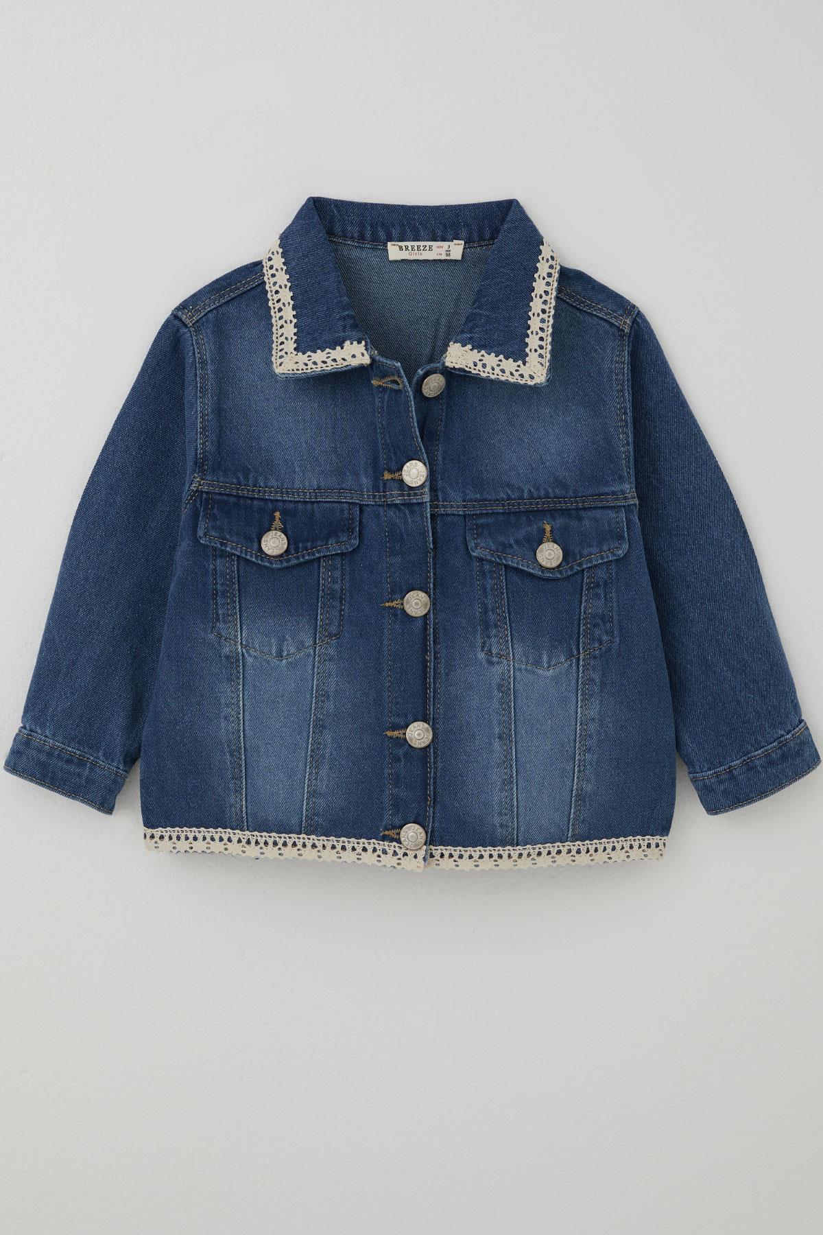 Breeze Kız Çocuk Jean Ceket Yaka & Alt Kısmı Güpür Cep Kapak Detaylı Mavi (3-7 Yaş)
