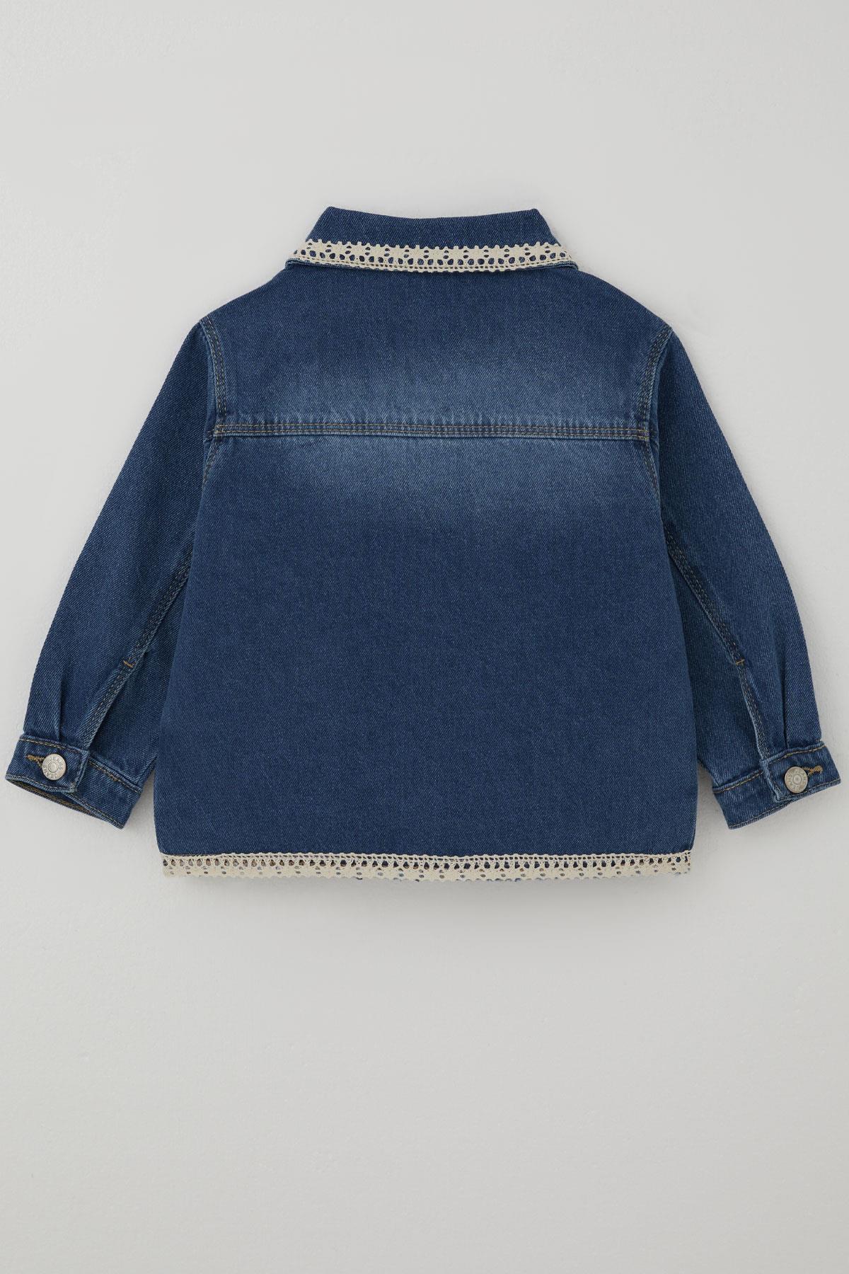 Breeze Kız Çocuk Jean Ceket Yaka & Alt Kısmı Güpür Cep Kapak Detaylı Mavi (3-7 Yaş)