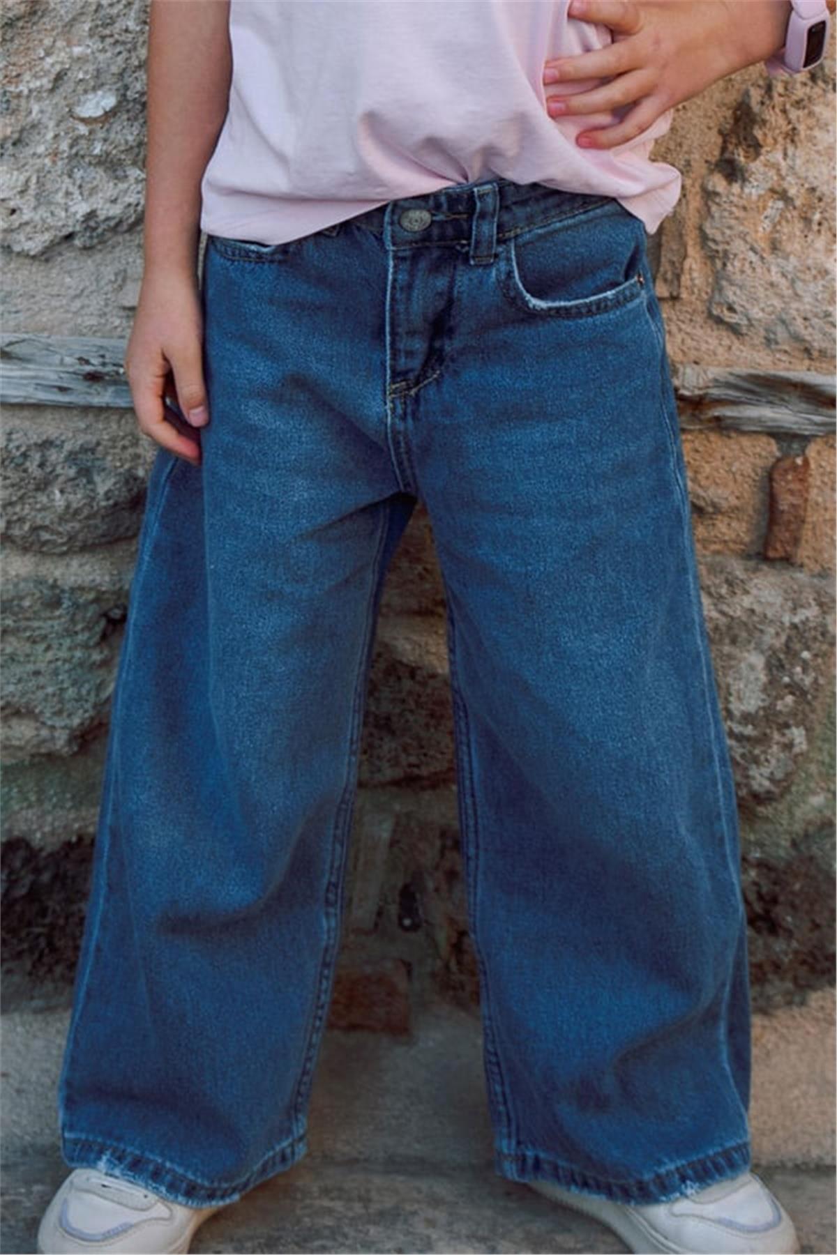 Breeze Kız Çocuk Jean Pantalon Geniş Paça Cepli Mavi (5-9 Yaş)