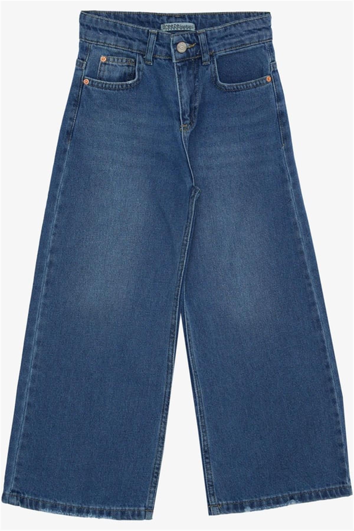 Breeze Kız Çocuk Jean Pantalon Geniş Paça Cepli Mavi (5-9 Yaş)