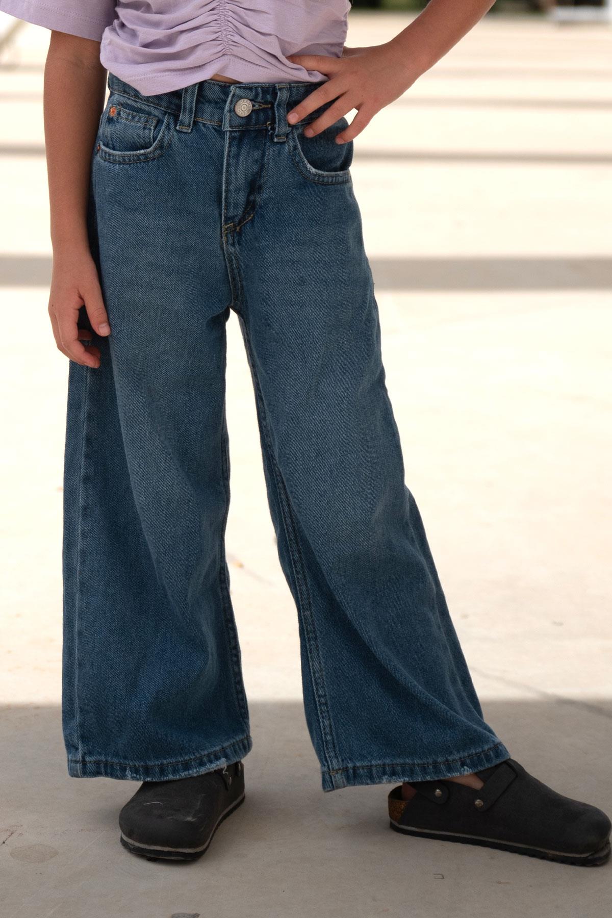 Breeze Kız Çocuk Jean Pantalon Geniş Paça Cepli Mavi (5-9 Yaş)