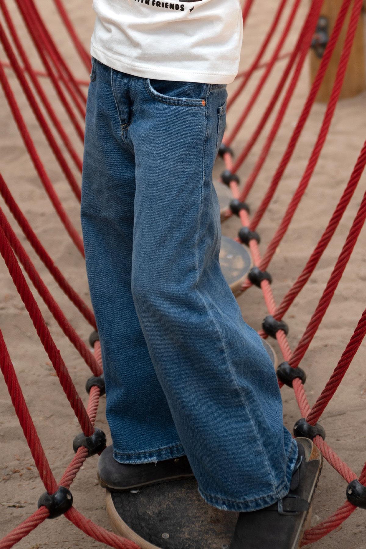 Breeze Kız Çocuk Jean Pantalon Geniş Paça Cepli Mavi (5-9 Yaş)