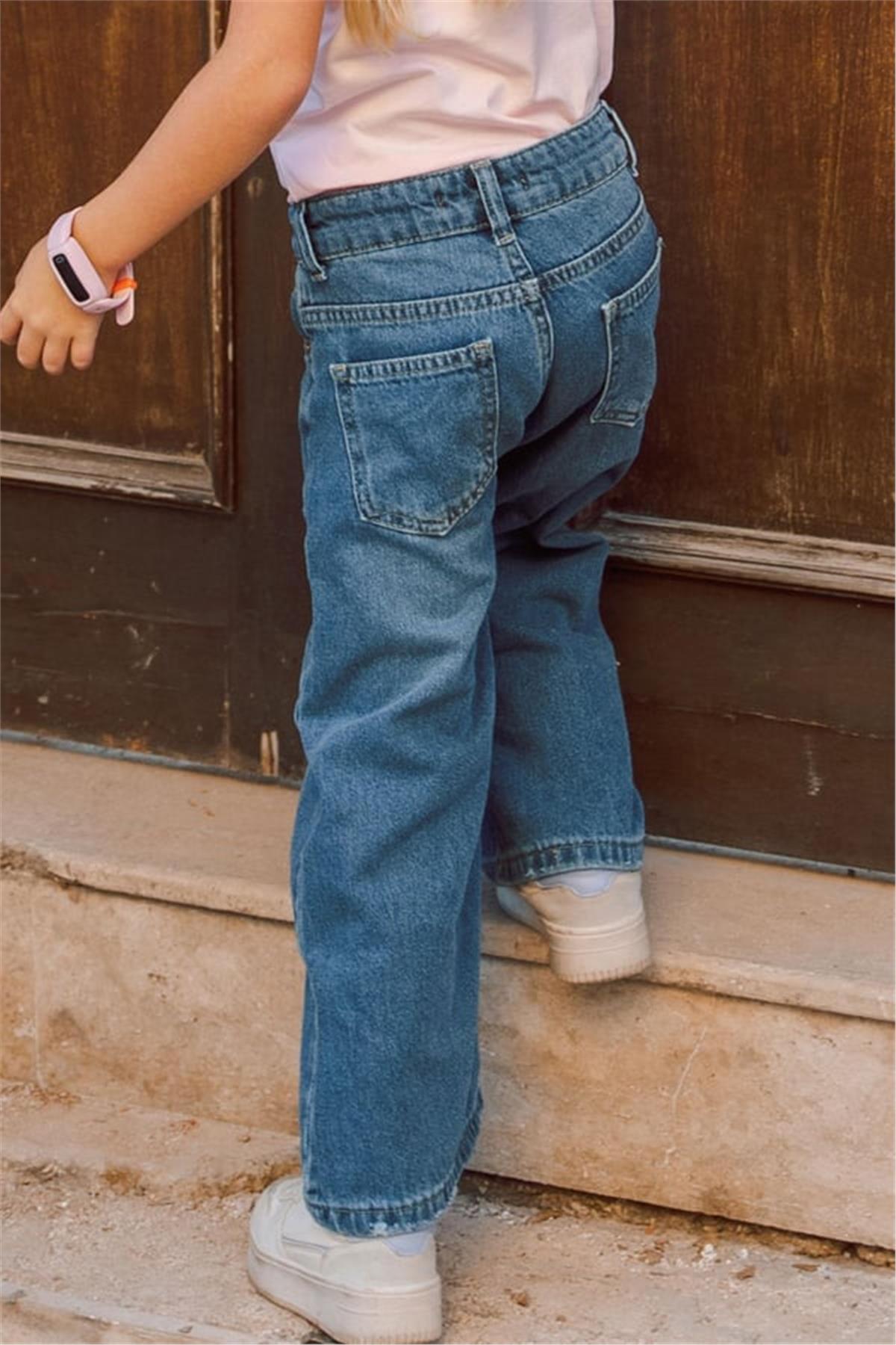 Breeze Kız Çocuk Jean Pantalon Geniş Paça Cepli Mavi (5-9 Yaş)