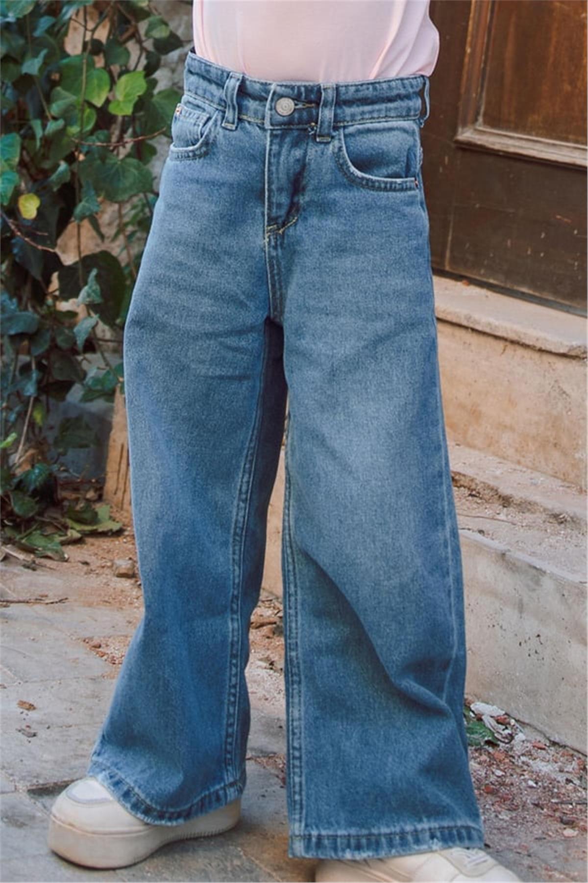 Breeze Kız Çocuk Jean Pantalon Geniş Paça Cepli Mavi (5-9 Yaş)