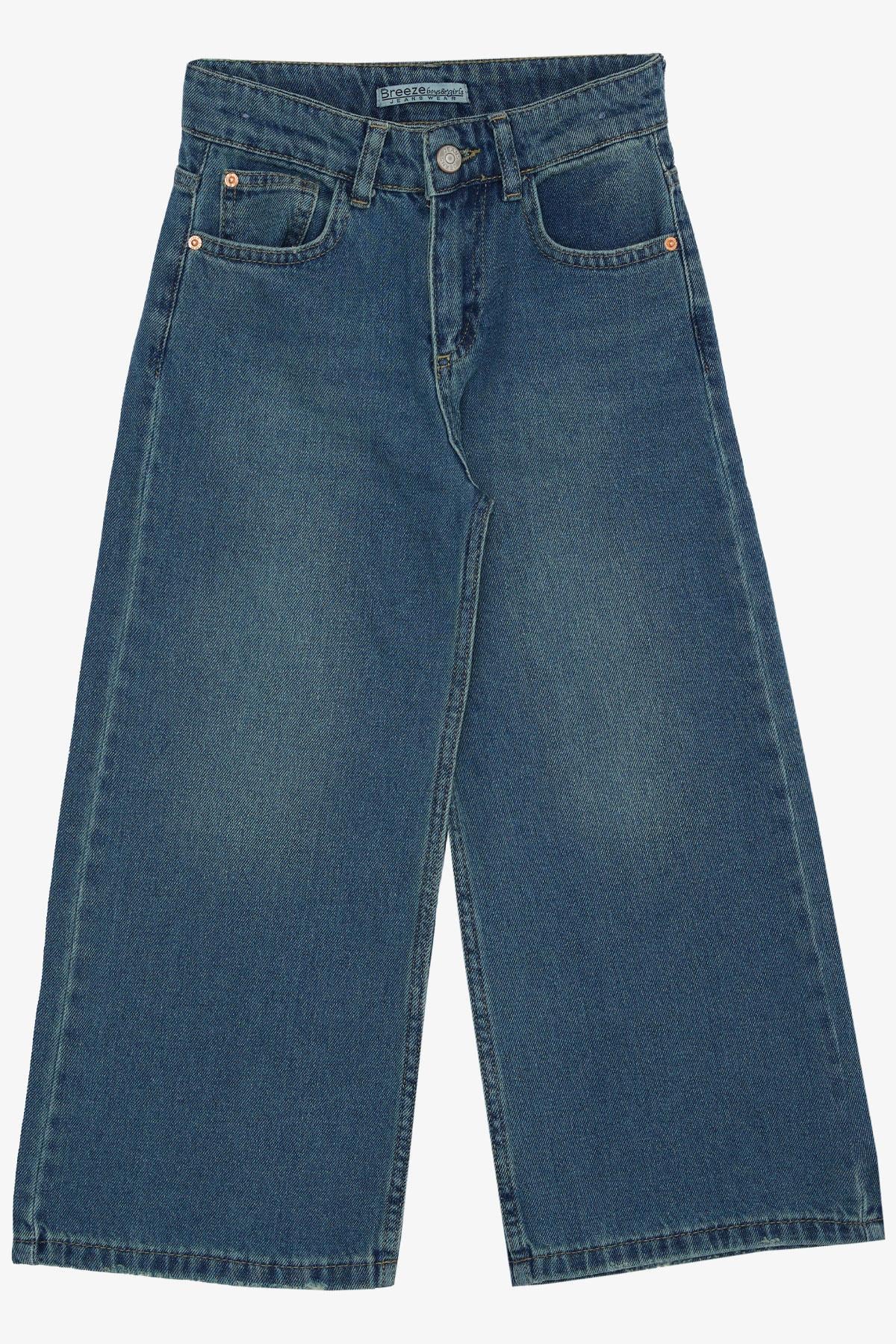 Breeze Kız Çocuk Jean Pantalon Taşlanmış Geniş Paça Cepli Mavi (5-9 Yaş)