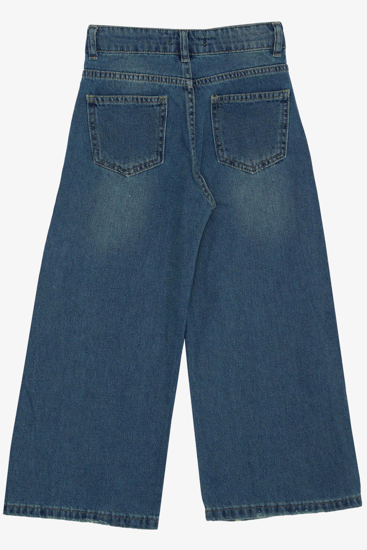 Breeze Kız Çocuk Jean Pantalon Taşlanmış Geniş Paça Cepli Mavi (5-9 Yaş)