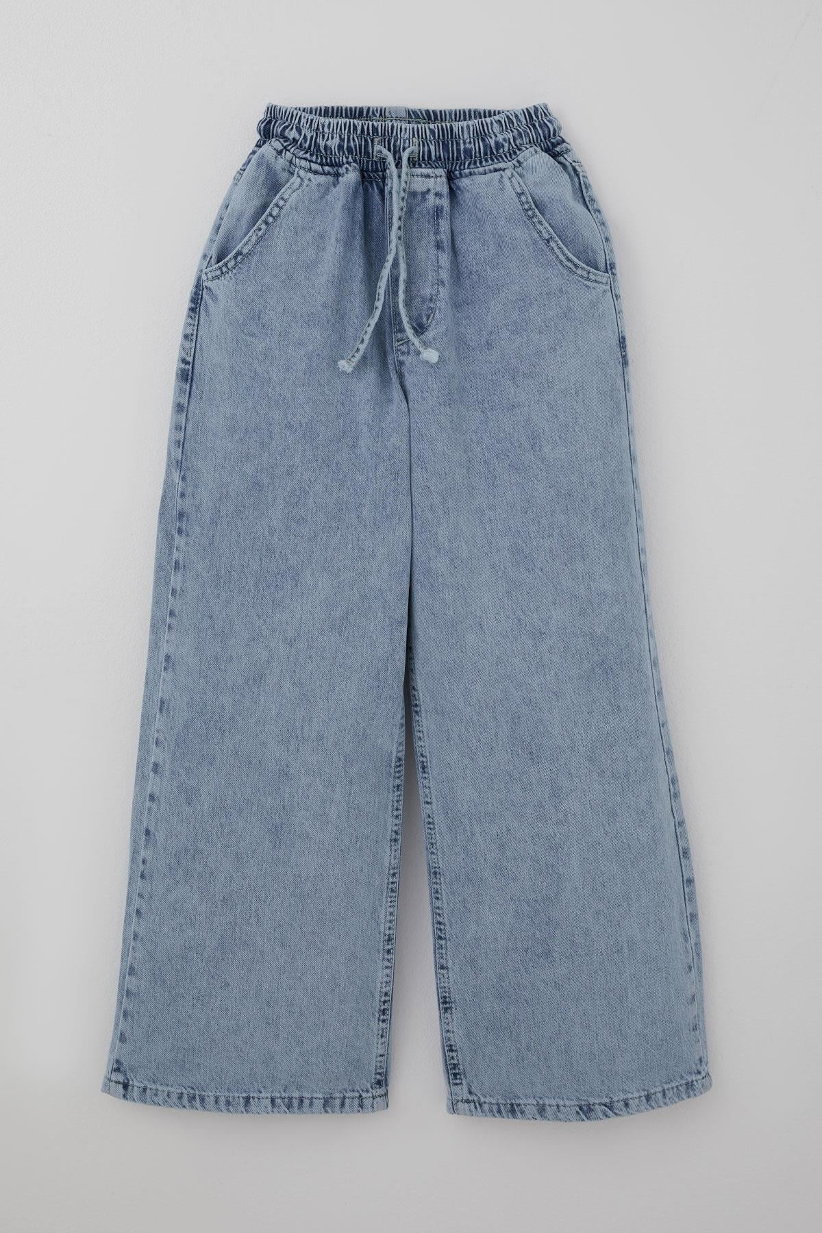 Breeze Kız Çocuk Jean Pantolon Bağcıklı Bel Kısmı Lastikli Açık Mavi (7-9 Yaş)