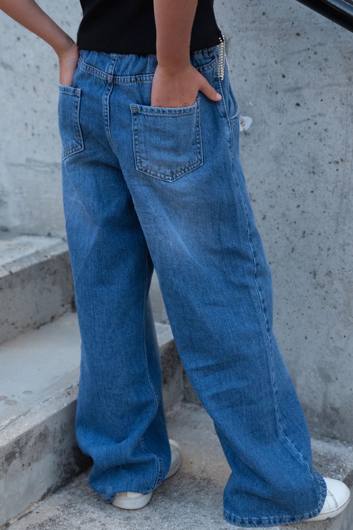 Breeze Kız Çocuk Jean Pantolon Bağcıklı Bel Kısmı Lastikli Mavi (7-12 Yaş)