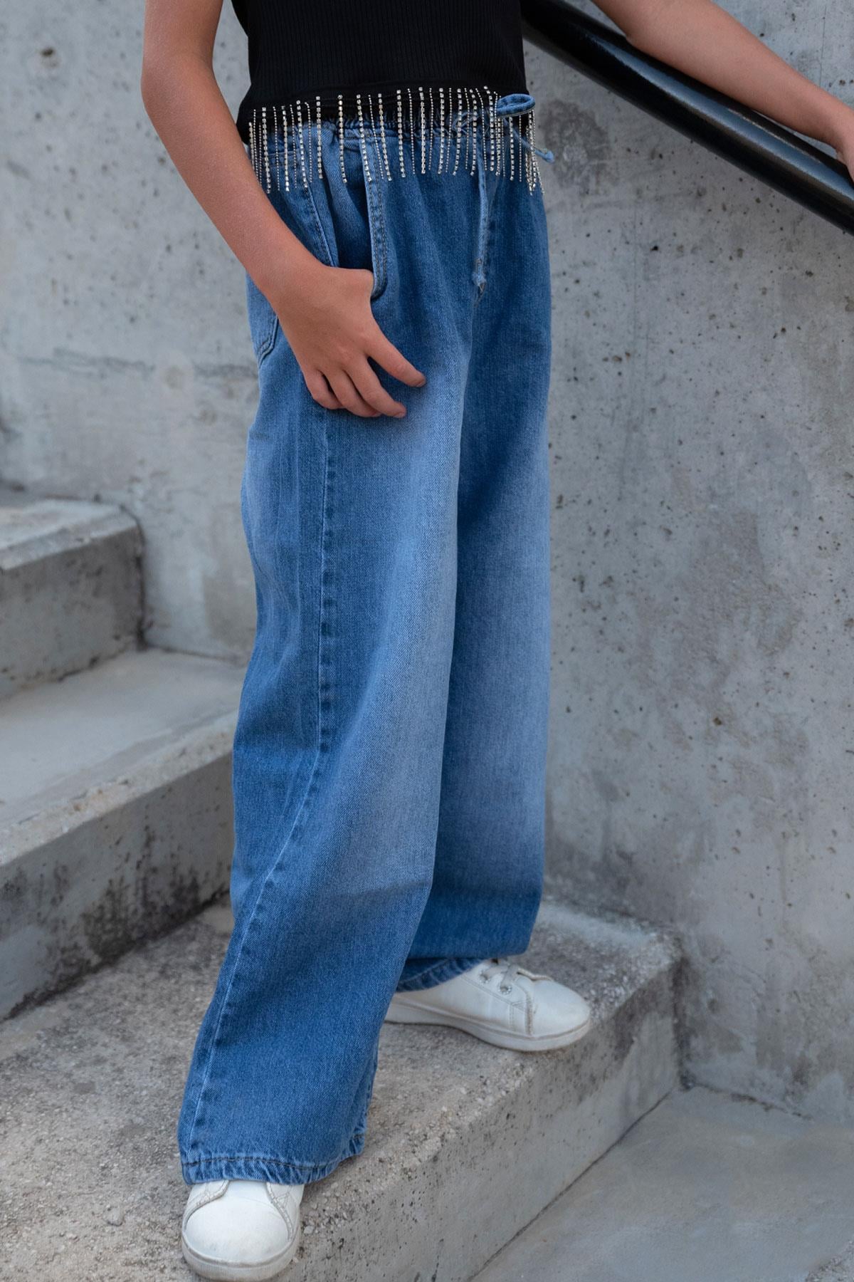Breeze Kız Çocuk Jean Pantolon Bağcıklı Bel Kısmı Lastikli Mavi (7-12 Yaş)