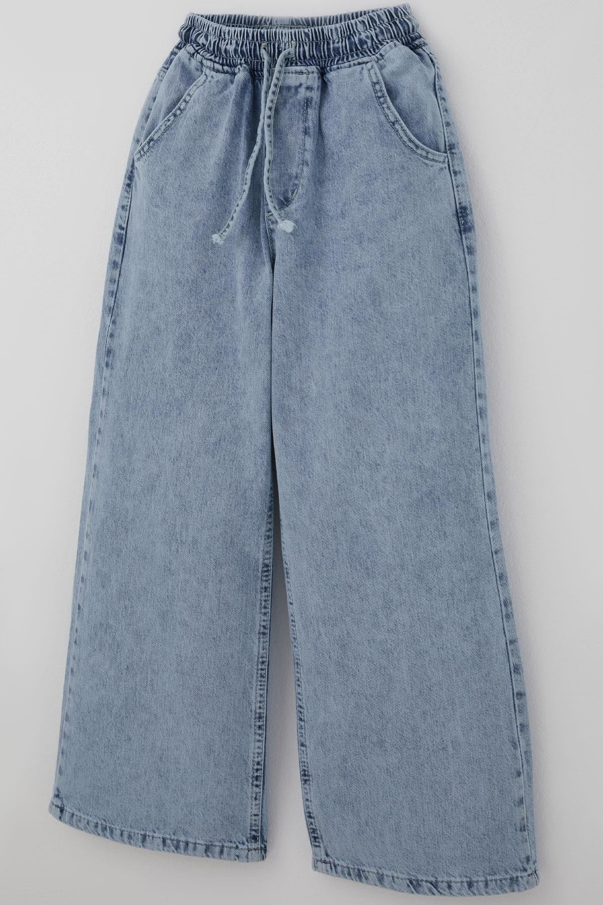 Breeze Kız Çocuk Jean Pantolon Bağcıklı Bel Kısmı Lastikli Açık Mavi (7-9 Yaş)