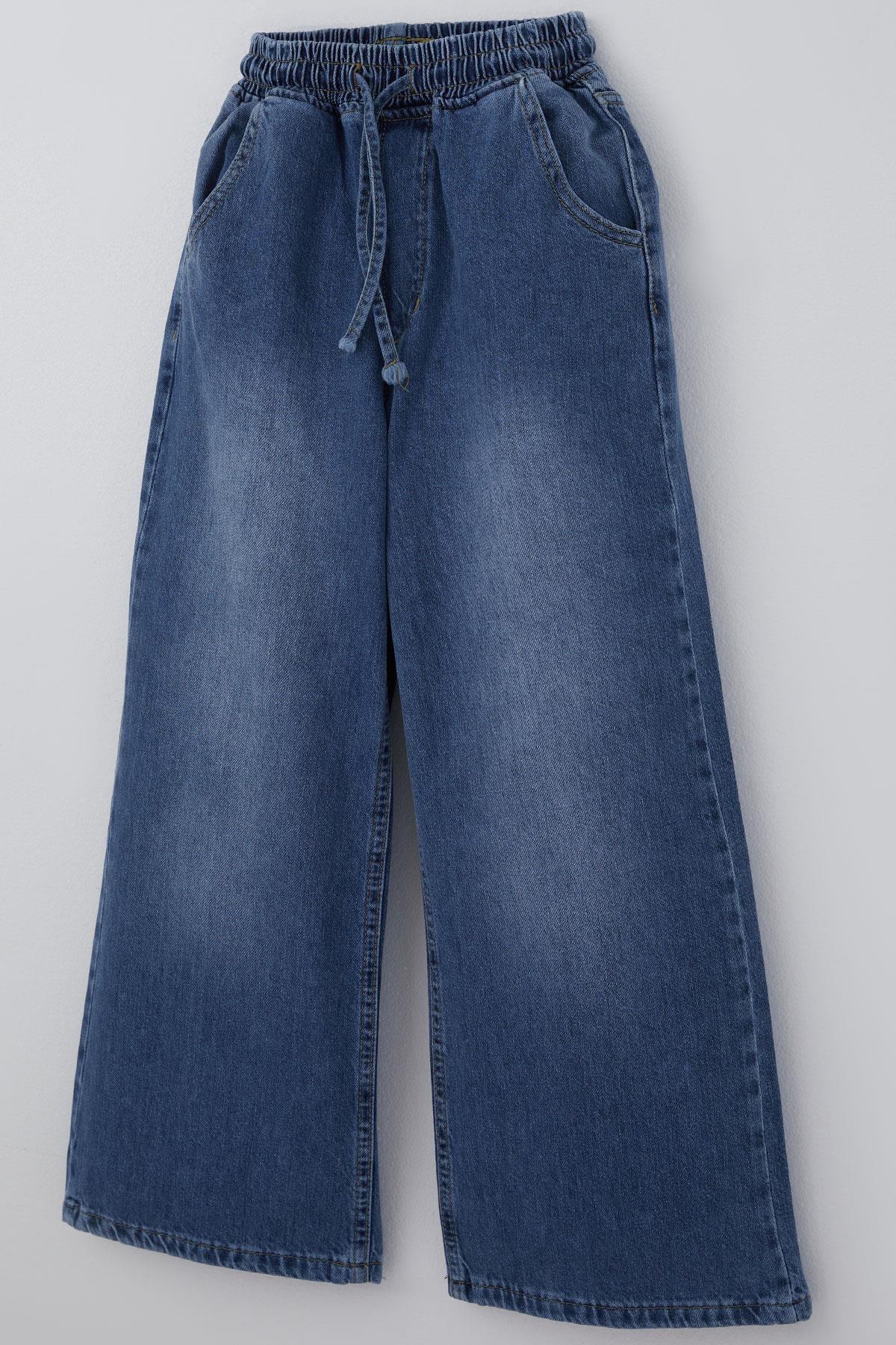 Breeze Kız Çocuk Jean Pantolon Bağcıklı Bel Kısmı Lastikli Mavi (7-12 Yaş)
