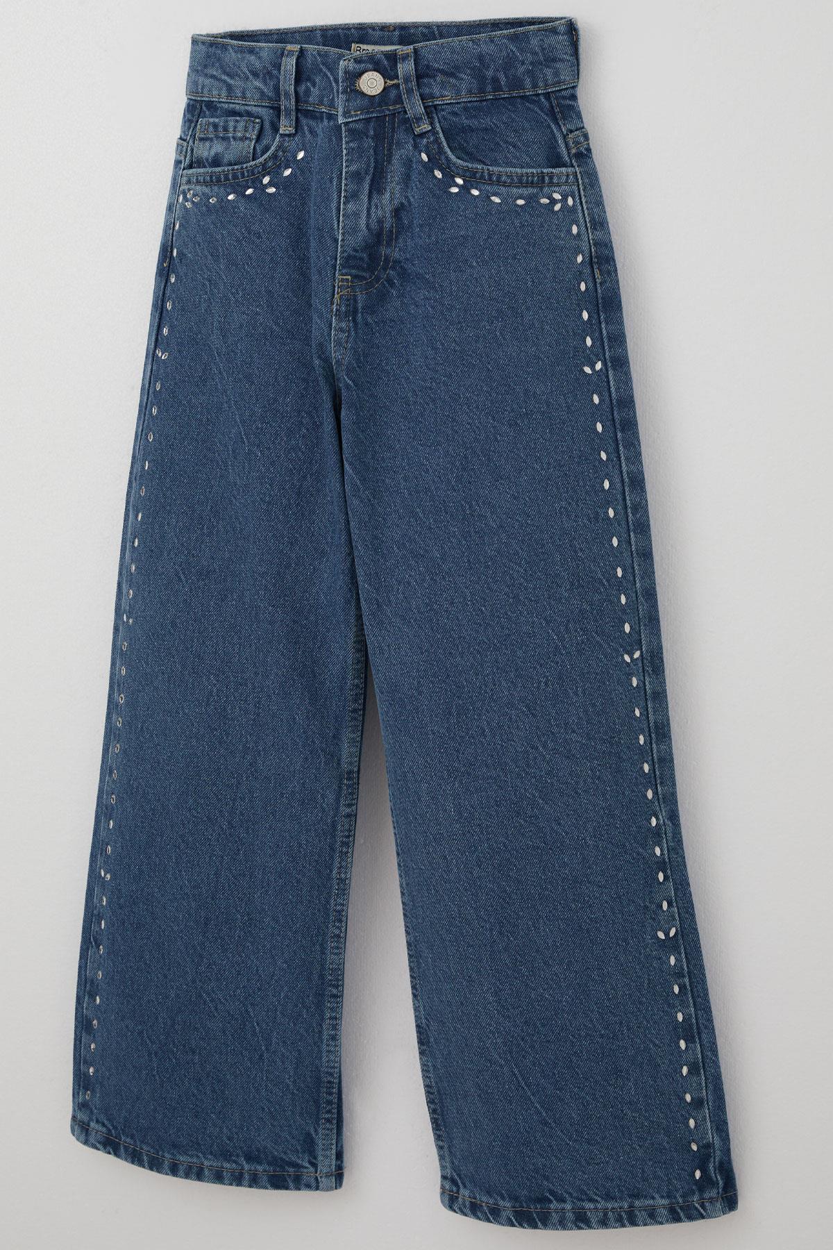 Breeze Kız Çocuk Jean Pantolon Damla Taş Aksesuarlı Mavi (5-9 Yaş)