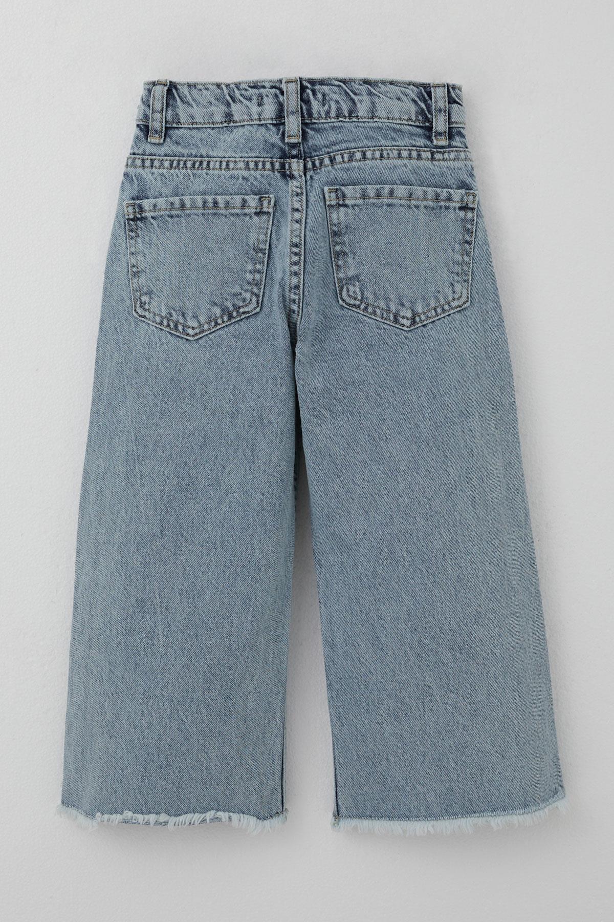 Breeze Kız Çocuk Jean Pantolon Fiyonk Nakışlı Paça Kısmı Püskül Detaylı Açık Mavi (3-7 Yaş)