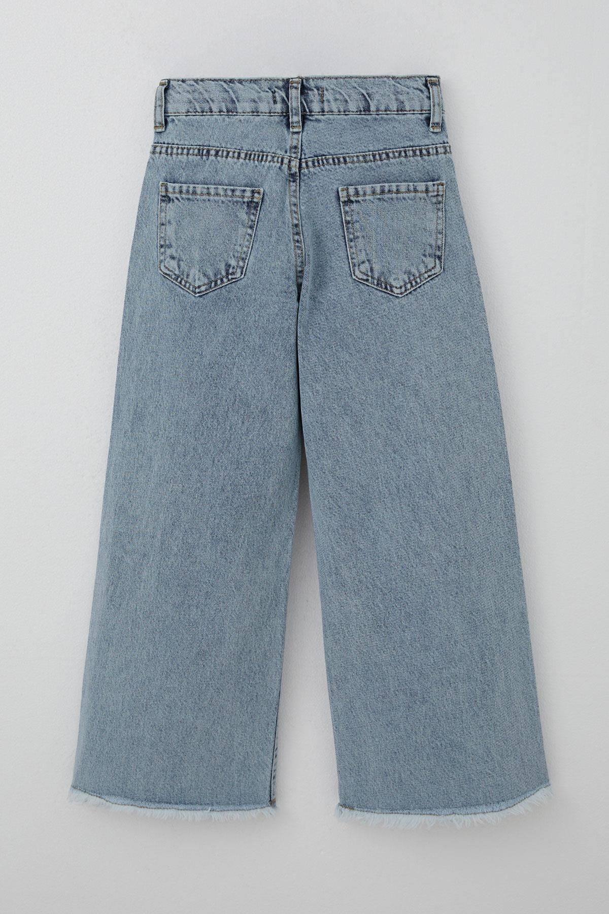 Breeze Kız Çocuk Jean Pantolon Fiyonk Nakışlı Paça Kısmı Püskül Detaylı Açık Mavi (9-10 Yaş)