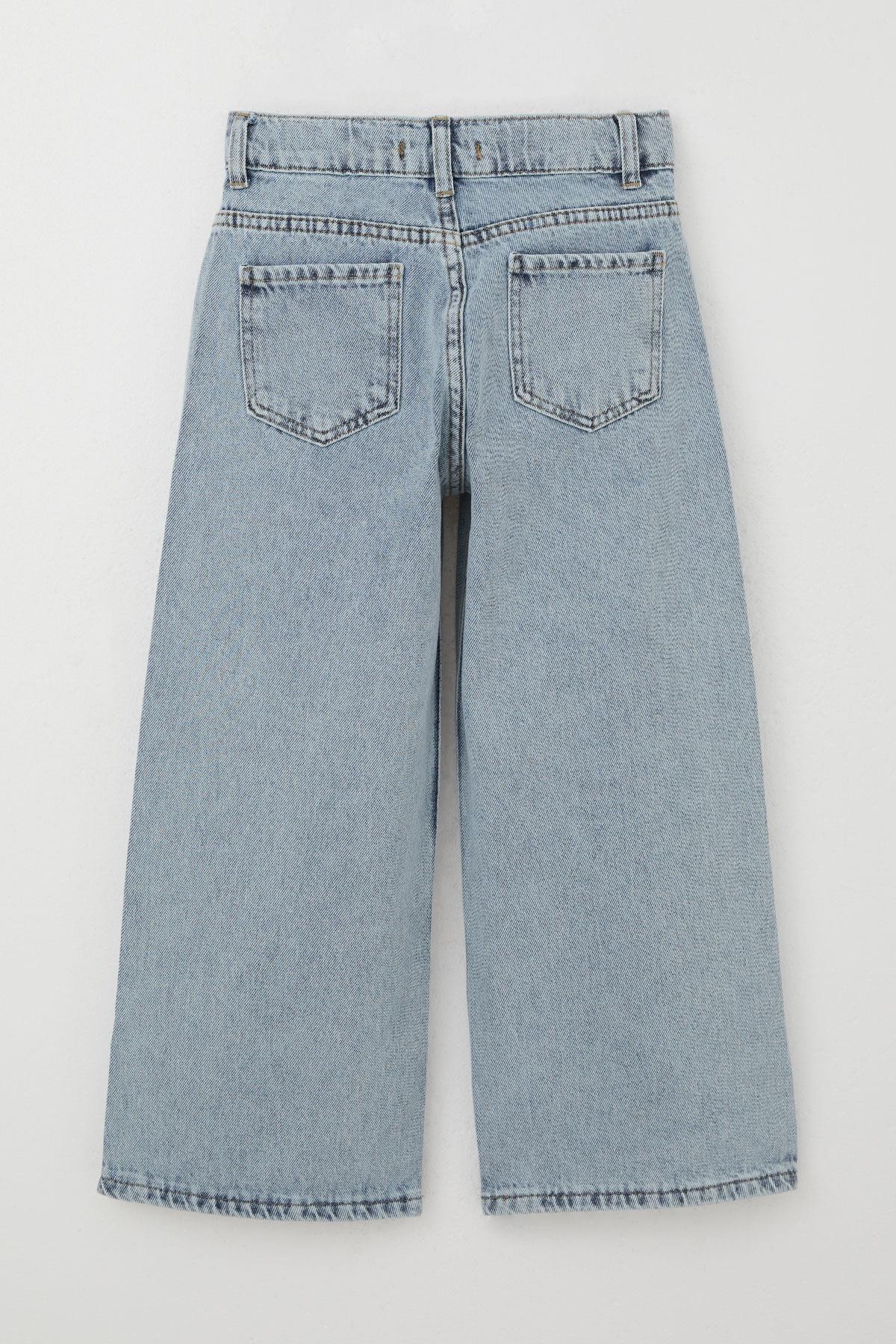 Breeze Kız Çocuk Jean Pantolon Fiyonk Nakışlı Geniş Paça Açık Mavi (8-14 Yaş)