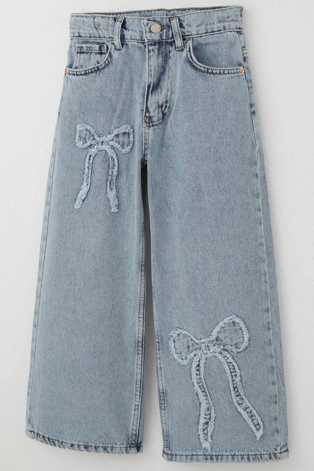 Breeze Kız Çocuk Jean Pantolon Fiyonk Nakışlı Geniş Paça Açık Mavi (8-14 Yaş)
